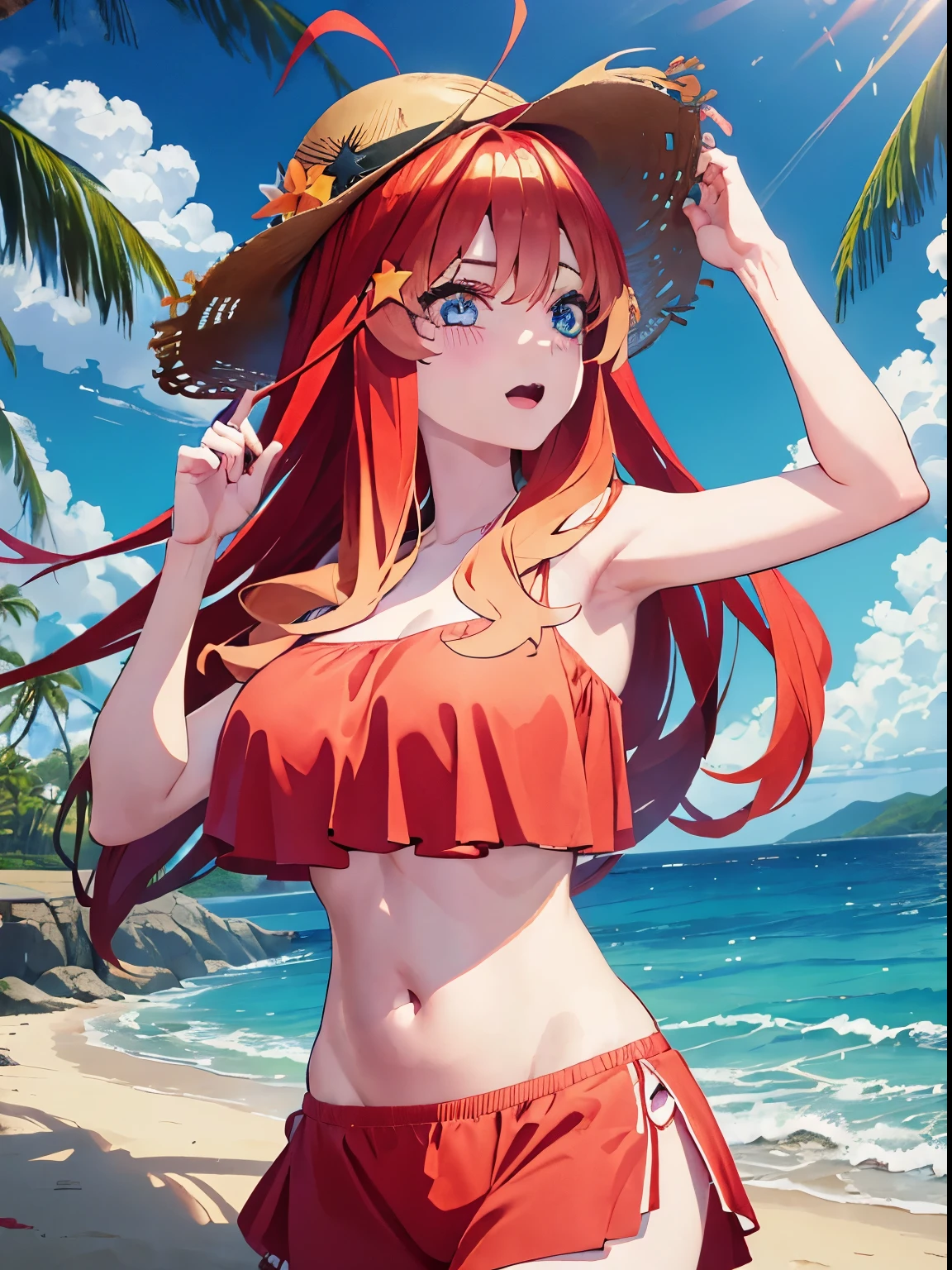 itsukinakano, itsuki nakano, bangs, blue eyes, hair between eyes, Ahoge, redhead, star \(symbol\), hair ornaments, star hair ornamentsにっこり, smile, open your mouth,big straw hat,red bikini,naked belly, (beach salon), big breasts,((salon)), beach outfit,real summer,Palm tree,
break outdoors, beach,
break looking at viewer, (cowboy shot:1.5),
break (masterpiece:1.2), highest quality, High resolution, unity 8k wallpaper, (shape:0.8), (fine and beautiful eyes:1.6), highly detailed face, perfect lighting, Very detailed CG, (perfect hands, perfect anatomy),