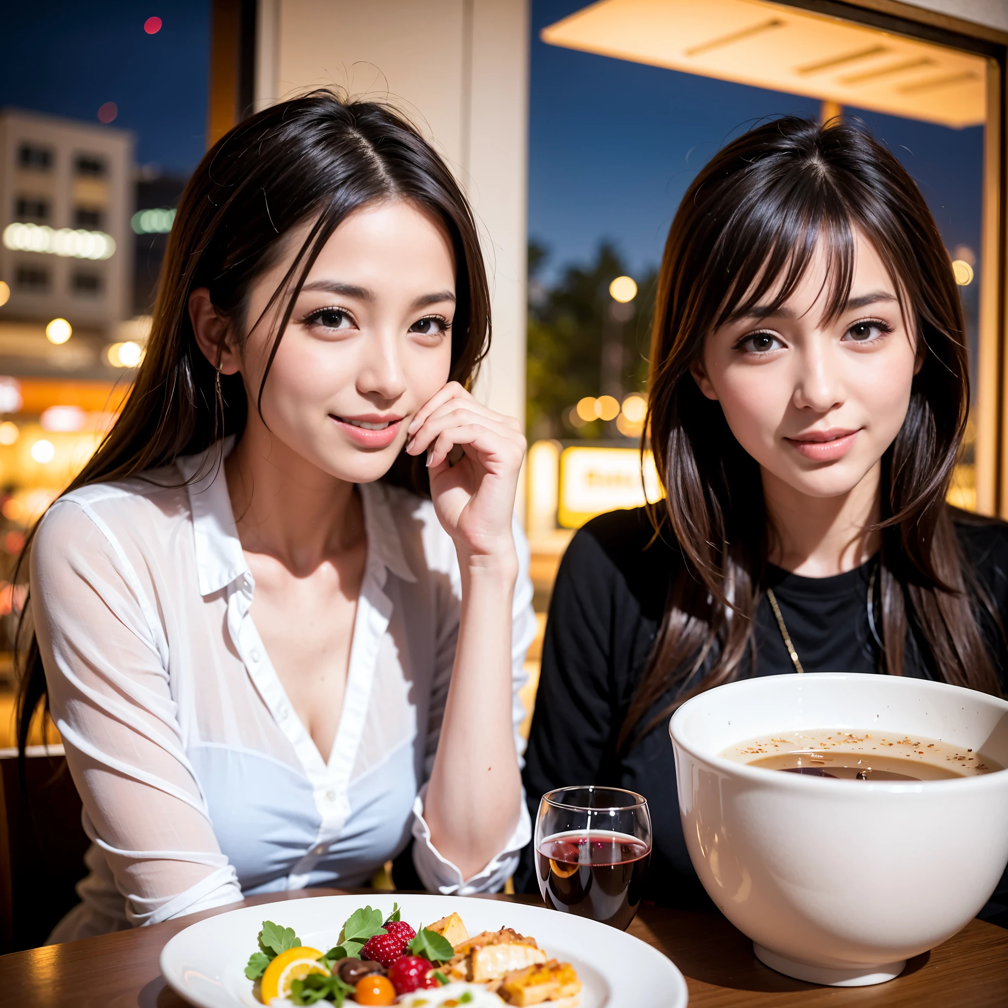 K, Hmm, highest quality, masterpiece: 1.2), (realistic, photorealistic: 1.37), Spectacular view of the sunset sky and clouds、Amazing mountain views、slimな美女3名, (slimフェイス),Happy、 最高なsmile、Fox face、Berry Short、(because I'thin), (brown hair), (shortcut), long sleeve shirt、winter fashion、Colombian、Brazilian、Japanese、Dutch、German、Portuguese、Belgian、Italian、French,Champagne、sparkling wine、 (Squirting), (slimボティ), (brown hair), (shortcut), neat beauty、cheeks turn a little red, (35 years old), 38 years old, alone, A beautiful and detailed night view spreads out outside the window........, restaurant, wine glassが座っている, At night, in a prominent place (from the Upper body) nova frog style, actress, model, Upper body, White wine, slim, wine glass, Very beautiful night view, wine glass Put in the Middle, Happy smile, (smile: 1.15),