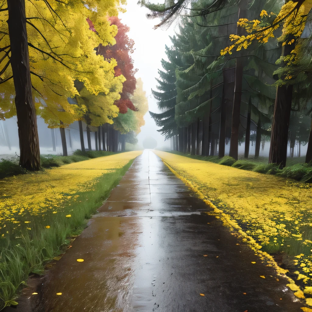 The autumn rain is drizzling, and the path is filled with decaying yellow flowers