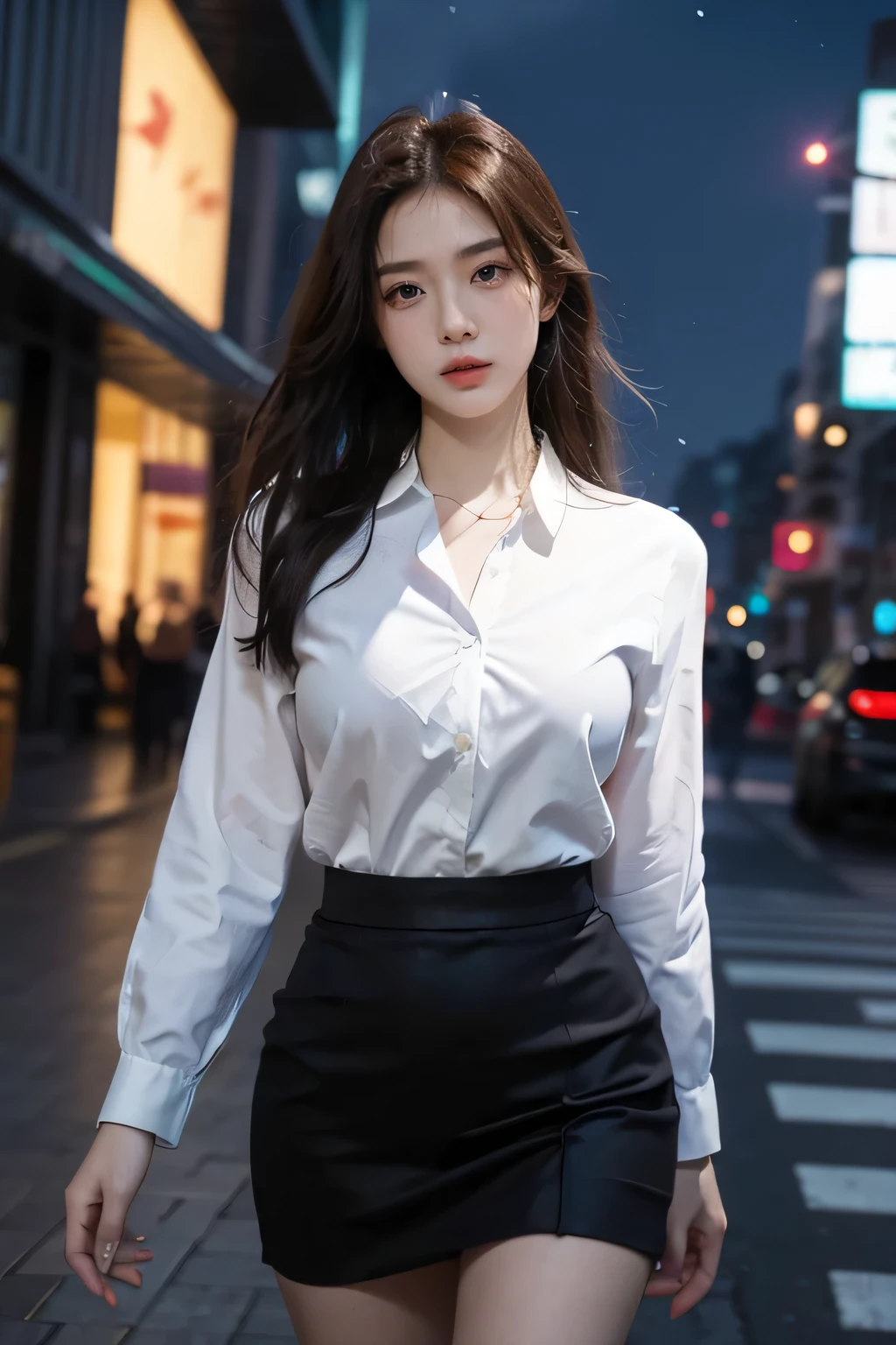 (1 woman), beautiful, amazing face and eyes, assembly, (very detailed beautiful 얼굴), (The sexiest look), (beautiful big breasts:1.1), (best quality:1.4), (very detailed), (very detailed CG integrated 8k wallpaper), very detailed, RAW photos, professional photography, ((menswear)), (tight skirt), (open business shirt), outdoors, (business district, night city, Illumination), (night sky), depth of field,