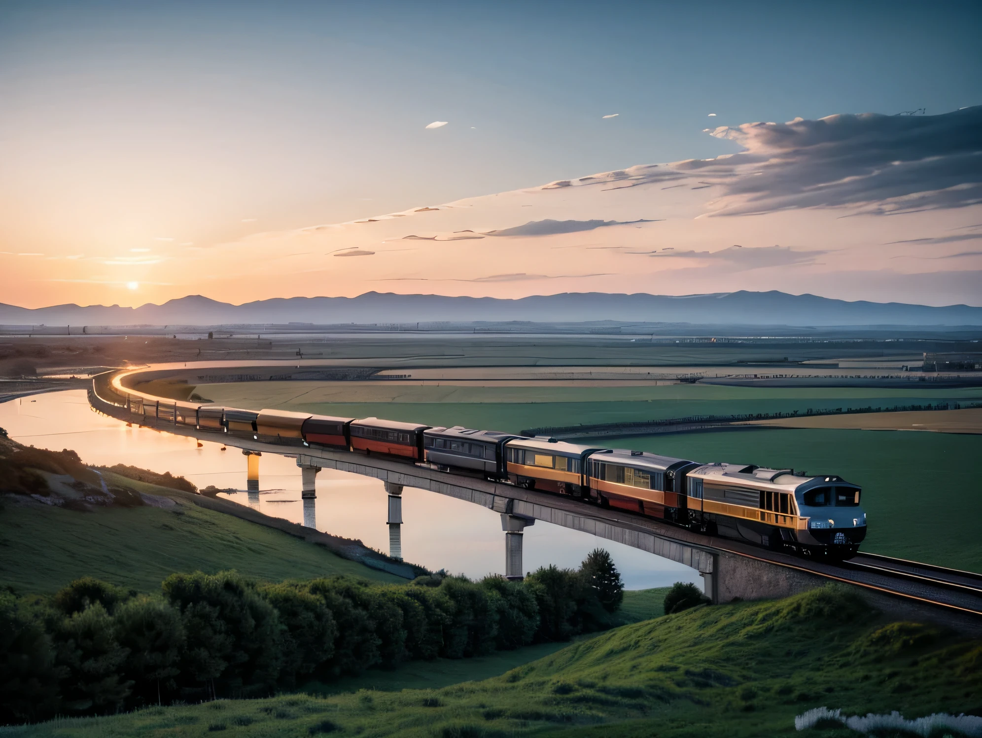 Fotography classic train crossing track in sky background, beautiful and harmonious scene, exquisite animation, rich details (width is 672), high quality, clarity 4k, artistic 4k wallpaper, stunning fotograpy landscape, 8k art wallpaper.