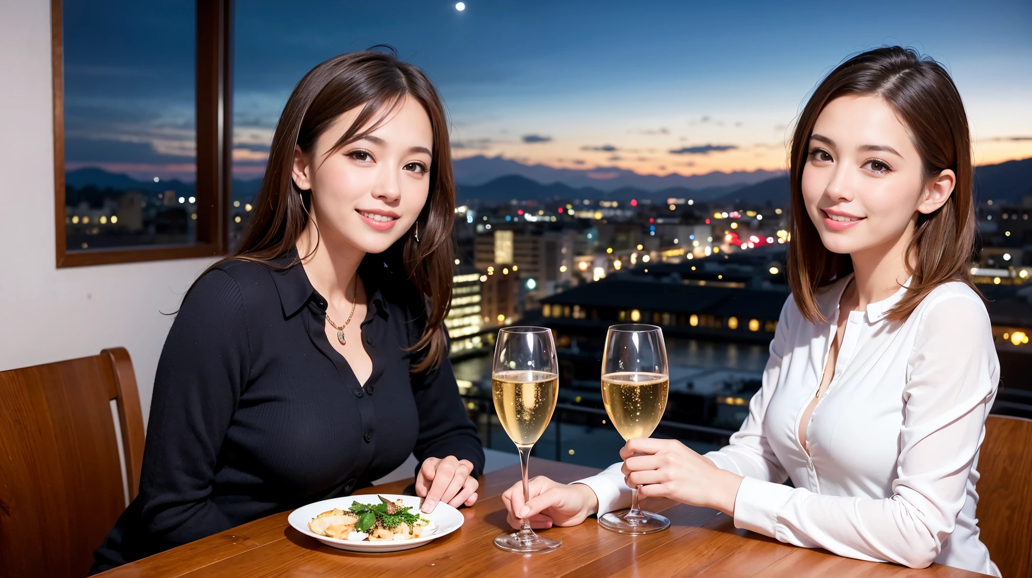 K, Hmm, highest quality, masterpiece: 1.2), (realistic, photorealistic: 1.37), Spectacular view of the sunset sky and clouds、Amazing mountain views、ニコニコ明るいsmile、3 slim beauties, (slim face),Happy、 the best smile、Fox face、Berry Short、(because I&#39;thin), (brown hair), (shortcut), long sleeve shirt、winter fashion、Colombian、Brazilian、Japanese、Dutch、German、Portuguese、Belgian、Italian、French,Champagne、sparkling wine、 (Squirting), (slim body), (brown hair), (shortcut), neat beauty、cheeks turn a little red, (42 years old), 38 years old, alone, A beautiful and detailed night view spreads out outside the window........, restaurant, wine glass is sitting, At night, in a prominent place (from the Upper body) nova frog style, actress, model, Upper body, White wine, slim, wine glass, Very beautiful night view, wine glass Put in the Middle, Happy smile, (smile: 1.15), 