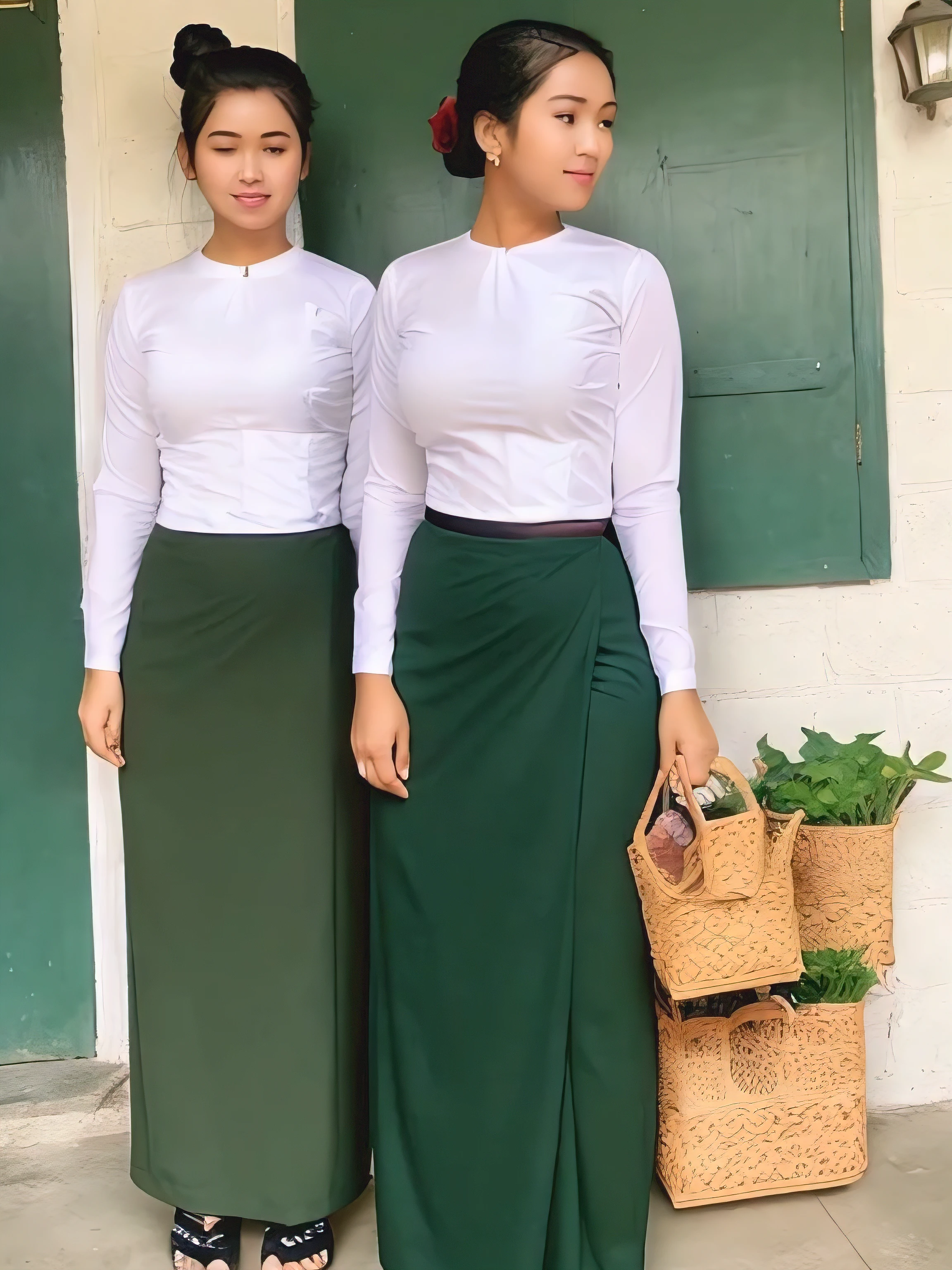A school teacher is 30years old.Tall, thin, big hips, big breasts, black hair, small lips, brown eyes, attractive, 64K.Top=white Burmese blouse,With long sleeves,Buttoned at the side.Bottom=(Dark green) long skirt.
Footwear=female Burmese sandals,The hair is knotted bun.