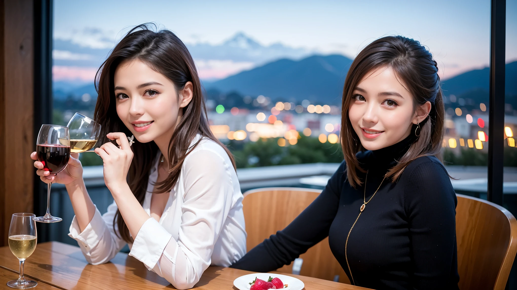 K, Hmm, highest quality, masterpiece: 1.2), (realistic, photorealistic: 1.37), Spectacular view of the sunset sky and clouds、Amazing mountain views、ニコニコ明るいsmile、3 slim beauties, (slim face),Happy、 the best smile、Fox face、Berry Short、(because I&#39;thin), (brown hair), (shortcut), long sleeve shirt、winter fashion、Colombian、Brazilian、Japanese、Dutch、German、Portuguese、Belgian、Italian、French,Champagne、sparkling wine、 (Squirting), (slim body), (brown hair), (shortcut), neat beauty、cheeks turn a little red, (42 years old), 38 years old, alone, A beautiful and detailed night view spreads out outside the window........, restaurant, wine glass is sitting, At night, in a prominent place (from the Upper body) nova frog style, actress, model, Upper body, White wine, slim, wine glass, Very beautiful night view, wine glass Put in the Middle, Happy smile, (smile: 1.15), 