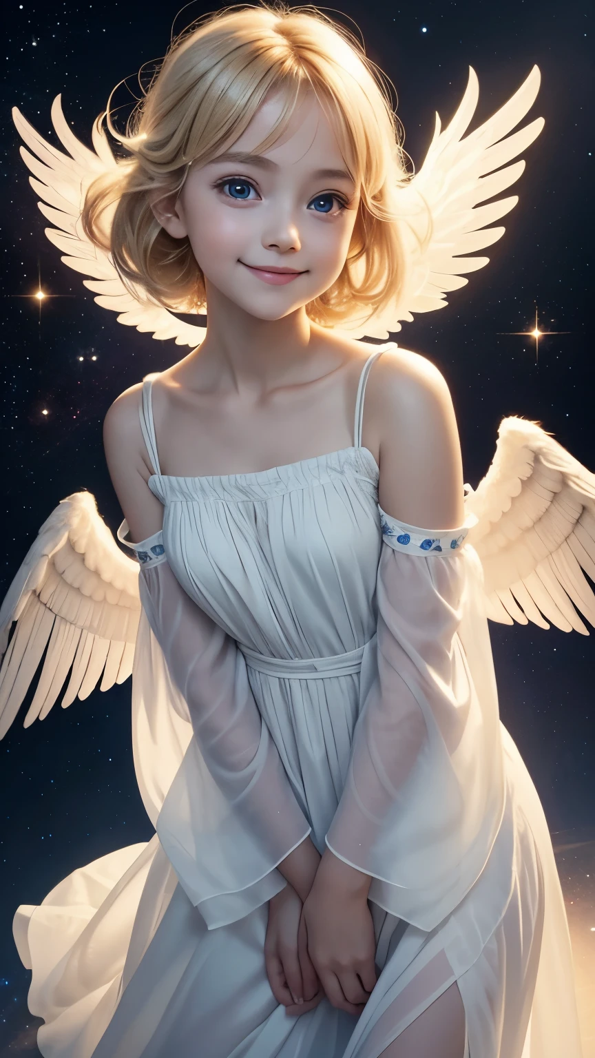 The body is facing straight ahead towards the camera., looking at viewer, from above:1.2, angel, smile, big eyes, blonde, Neat and loose dress with sleeves, A dazzling light from behind, Angel wings on the back, Glowing space background, Prayer-like pose, Super realistic