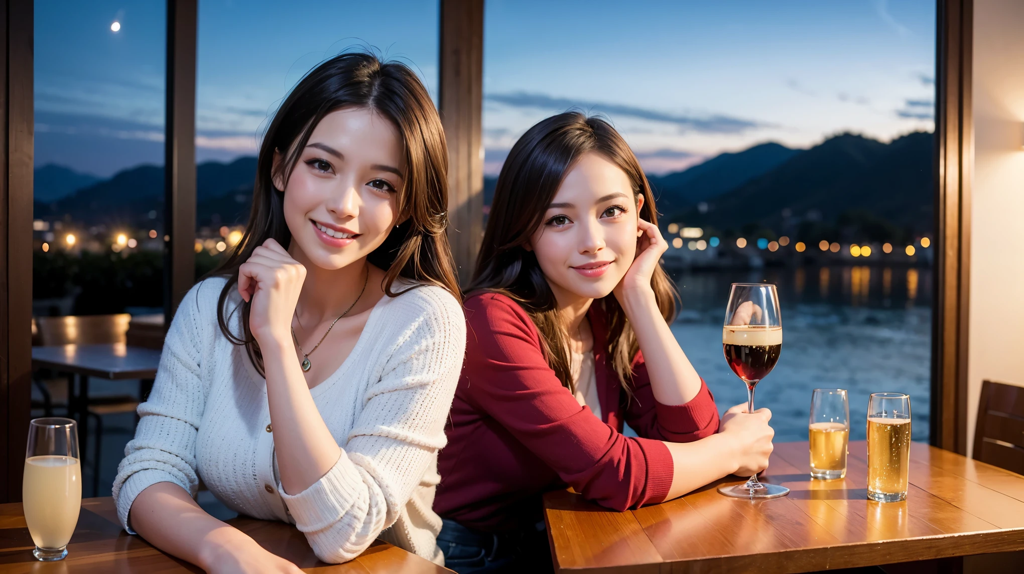 K, Hmm, highest quality, masterpiece: 1.2), (realistic, photorealistic: 1.37), Spectacular view of the sunset sky and clouds、Amazing mountain views、ニコニコ明るいsmile、3 slim beauties, (slim face),Happy、 the best smile、Fox face、Berry Short、(because I'thin), (brown hair), (shortcut), long sleeve shirt、winter fashion、Colombian、Brazilian、Japanese、Dutch、German、Portuguese、Belgian、Italian、French,Champagne、sparkling wine、 (Squirting), (slim body), (brown hair), (shortcut), neat beauty、cheeks turn a little red, (42 years old), 38 years old, alone, A beautiful and detailed night view spreads out outside the window........, restaurant, wine glass is sitting, At night, in a prominent place (from the Upper body) nova frog style, actress, model, Upper body, White wine, slim, wine glass, Very beautiful night view, wine glass Put in the Middle, Happy smile, (smile: 1.15),