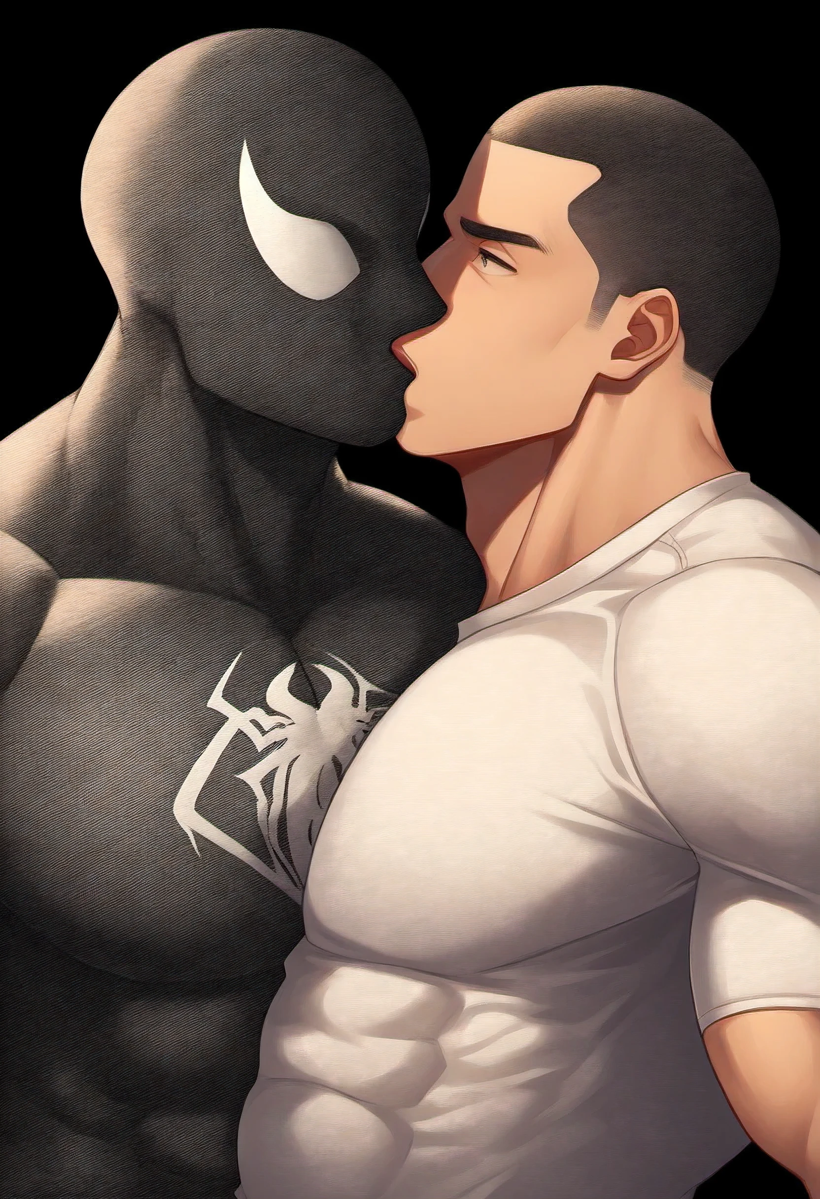 anime characters:White Spider-Man, He was kissed by black venom, Affectionate embraces, Crazy kissing, Touching wantonly, Muscular Spider-Man, male focus, No Spider-Man Logo, Upper body, Buzz Cut, aged leather texture, He wears a White tights, small grid texture, spiderman mask, Spider-Man logo, muscular male, Extra large breasts, only, alone, Black background, simple background, amazing quality, best aesthetics, Ridiculous, crew cut, drop shadow, best quality