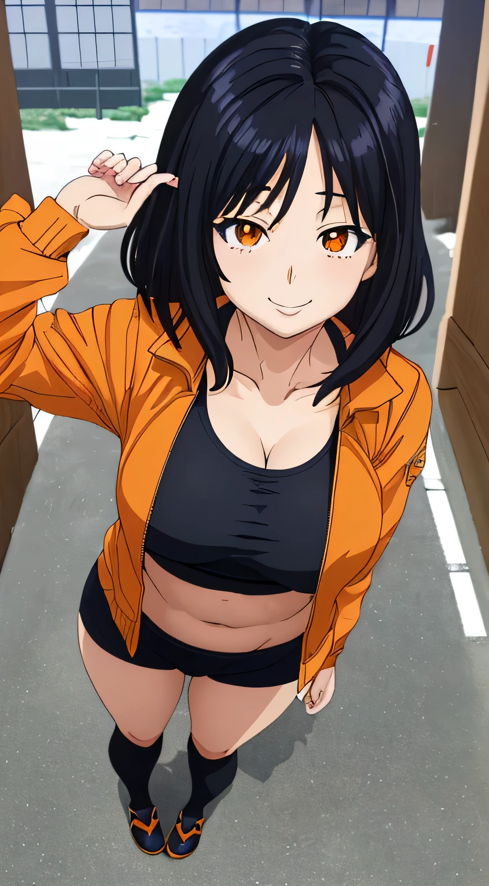 (((masterpiece))),fuyumi itadori, Anime girl characters, 1girl, solo, looking at viewer, medium hair, black hair,orange eyes, long sleeves, cleavage, bigger breasts, clsed mouth, smile,collarbone, jacket, open clothes, open jacket, blue jacket, ground vehicle, sports bra, tall girl, horny, big ass, beautiful face,Charming, Tight-fitting clothing, hd picture, 4k quality, details of the face is so good,uhd picture, smile face, Flirting,All bodies visible, Standing pose,stand, Japanese face, anime style picture, 