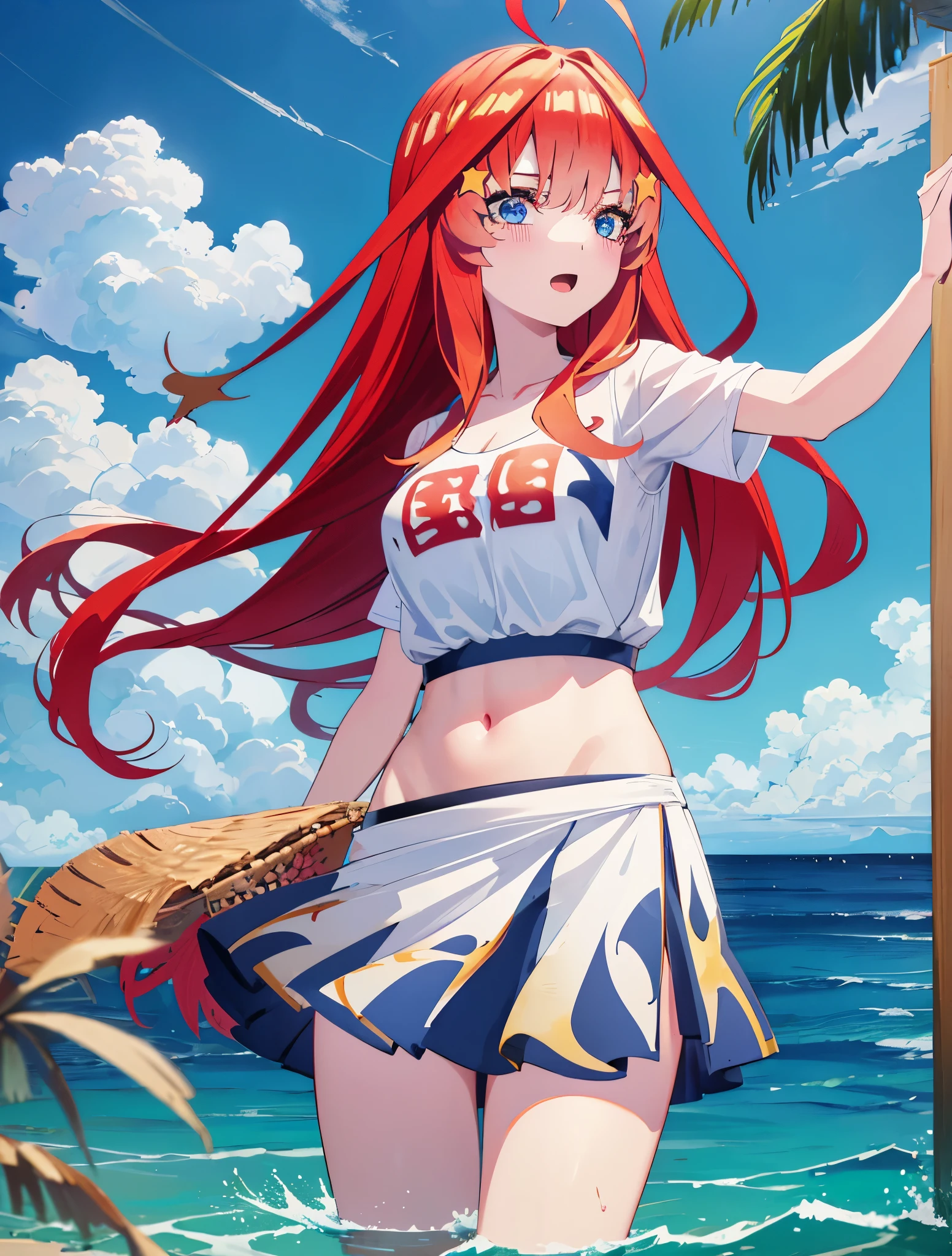 itsukinakano, itsuki nakano, bangs, blue eyes, hair between eyes, Ahoge, redhead, star \(symbol\), hair ornaments, star hair ornamentsにっこり, smile, open your mouth,big straw hat,red bikini,naked belly, (beach salon),  big breasts,((salon)), beach outfit,real summer,Palm tree,
break outdoors, beach,
break looking at viewer, (cowboy shot:1.5),
break (masterpiece:1.2), highest quality, High resolution, unity 8k wallpaper, (shape:0.8), (fine and beautiful eyes:1.6), highly detailed face, perfect lighting, Very detailed CG, (perfect hands, perfect anatomy),