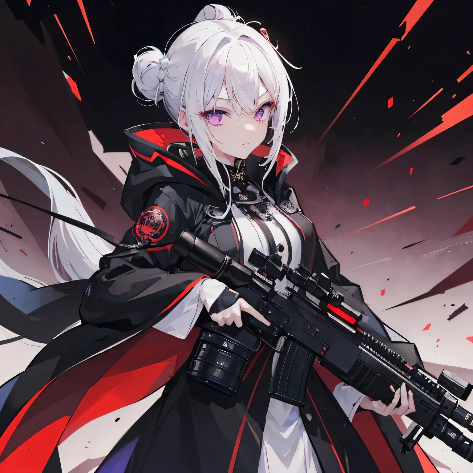 male、White hair, purple eyes、Vampire-like canines、Hair tied back in a bun、black long coatを羽織っている、black long coat、He lies down and fires bullets at me with a sniper rifle like Hecate II.、The background is a desert illuminated by the red moon.