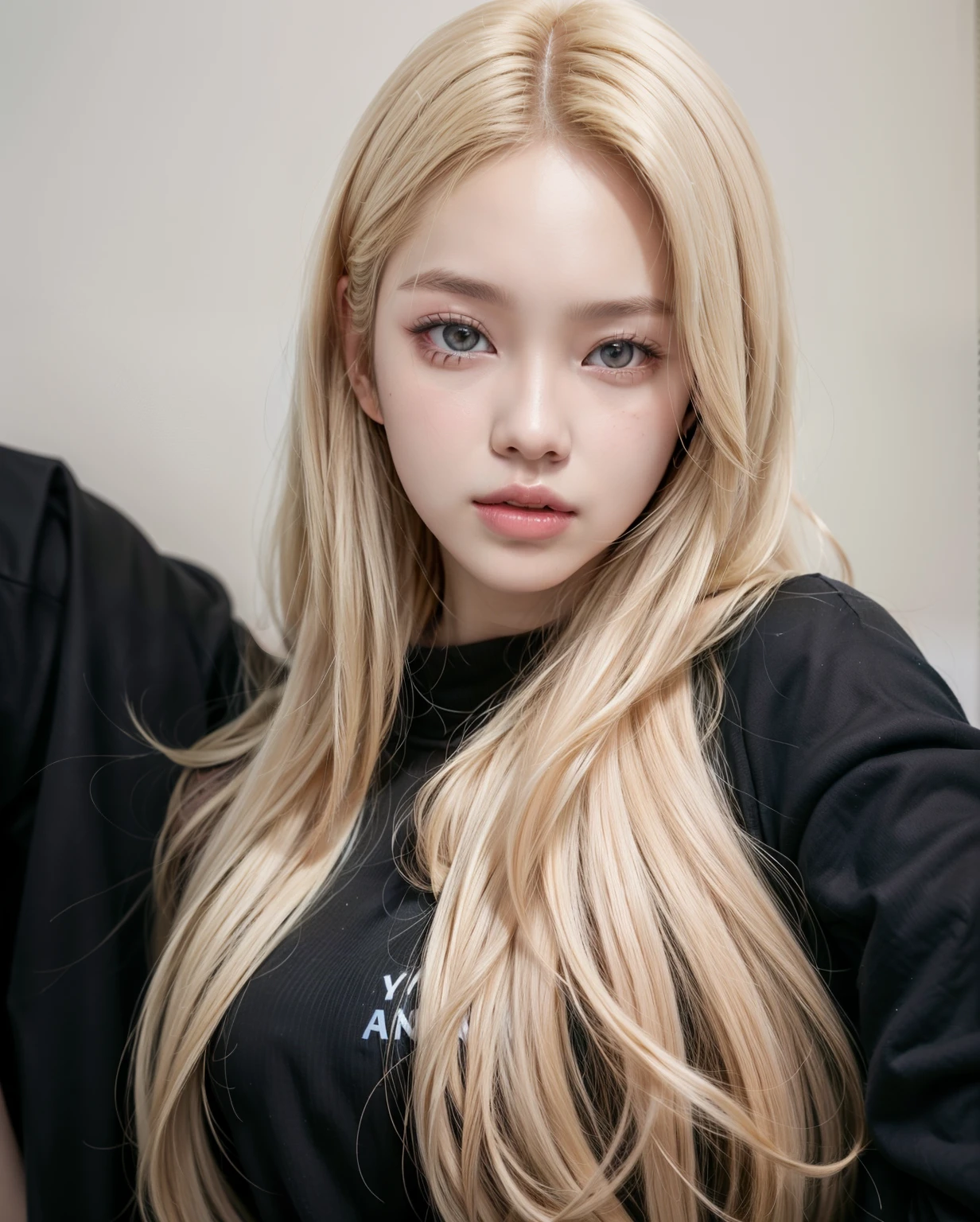 Close-up of a woman with long blonde hair and a black shirt., Portrait of jossi of blackpink, Very pale blonde hair, Roseanne Park of blackpink, Jae Yeon Nam, Portraits of Korean female idols, has long white hair, Popular Korean cosmetics, has long white hair, Very pale blonde hair, The style of K-pop idols, Jinyoung Shin, Ulzzang