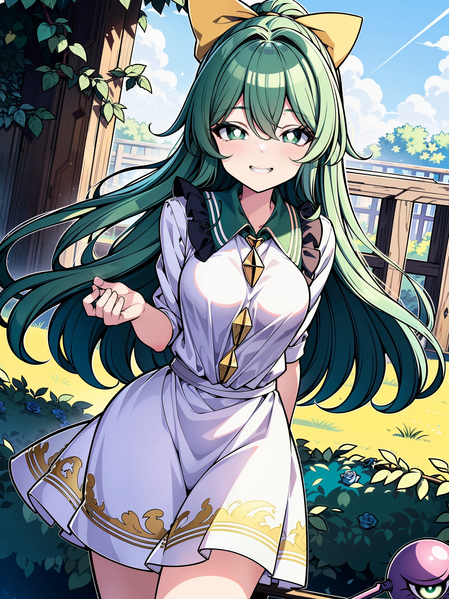 (Cowboy shot), (ultra-high resolution, depth of field:1.2), looking at viewer, (komeiji koishi:1.1), (1woman), adult, Touhou project, medium breasts, (dark green eyes), white pupils, glowing eyes, green hair, wavy hair, (long hair), yellow ribbon, ponytail, (wearing a white summer dress:1.2). A closed blue-purplish "third eye" is positioned over her heart, with cords wrapped around her torso and attached to each of her ankles, (blue roses in the background), garden scenery, grinning, (squinting eyes)