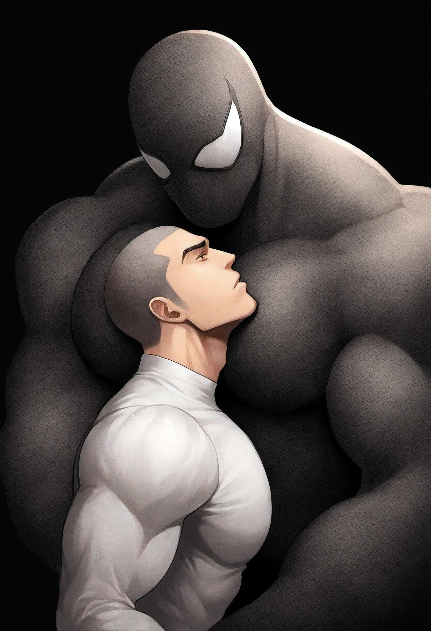 anime characters：White Spider-Man, He was kissed by black venom, He is wrapped in black tentacles, bundle, Wrapped in mucus, Affectionate embraces, Crazy kissing, Touching wantonly, Muscular Spider-Man, male focus, No Spider-Man Logo, Upper body, Buzz Cut, aged leather texture, He wears a White tights, small grid texture, spiderman mask, Spider-Man logo, muscular male, Extra large breasts, only, alone, Black background, simple background, amazing quality, best aesthetics, Ridiculous, crew cut, drop shadow, best quality