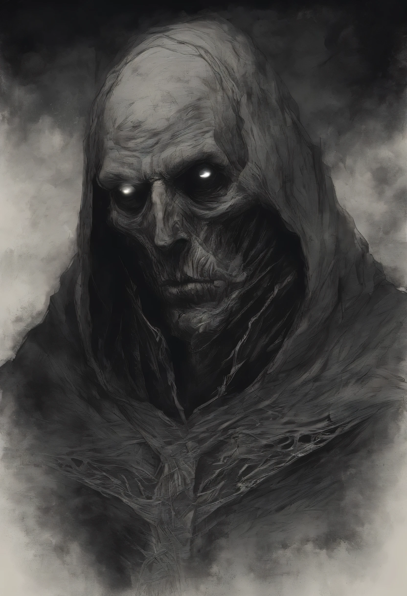 waist up, very old, half of the face deformed and melted, tall, two meters, black aura, scary, dirty, beggar, short gray hair, pale and wrinkled skin, sparse beard, yellowish pupils, hunched posture, penetrating and evil, torn clothes,(hoddy)  cloak of raven feathers on the back, body covered with bands and hood, fog, horror, fear, frightening, suspense, mysterious