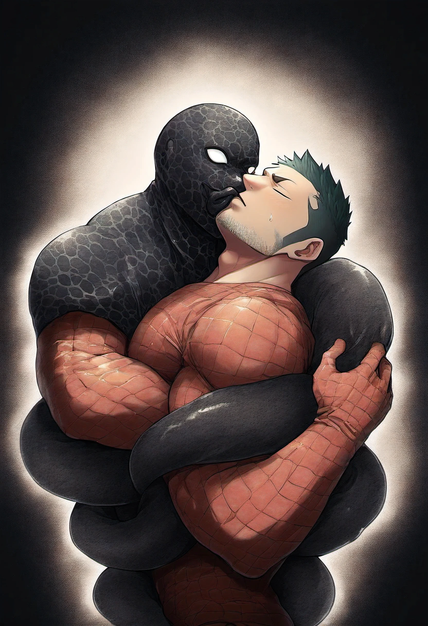 anime characters：priapus, He was kissed by black venom, He is wrapped in black tentacles, bundle, Wrapped in mucus, Affectionate embraces, Crazy kissing, Touching wantonly, Muscular Spider-Man, male focus, Upper body, Buzz Cut, aged leather texture, He wears a White tights, small grid texture, spiderman mask, Spider-Man logo, muscular male, Extra large breasts, only, alone, Black background, simple background, amazing quality, best aesthetics, Ridiculous, crew cut, drop shadow, best quality