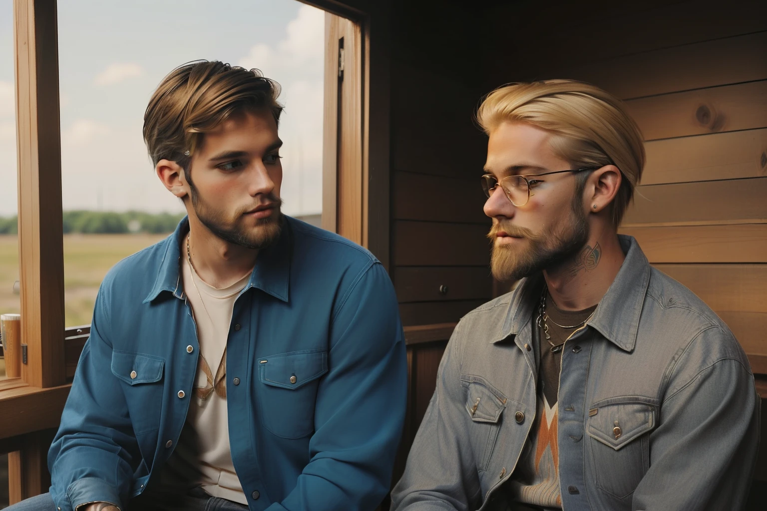 A young ((((30-year-old)) Lee Bodecker)), tall, lean, angular jawline, stricking features, charismatic, free-spirited. ((((hipster clothings from the 2010s)))), ((unkempt stylish blonde hairstyle of the 2010s))