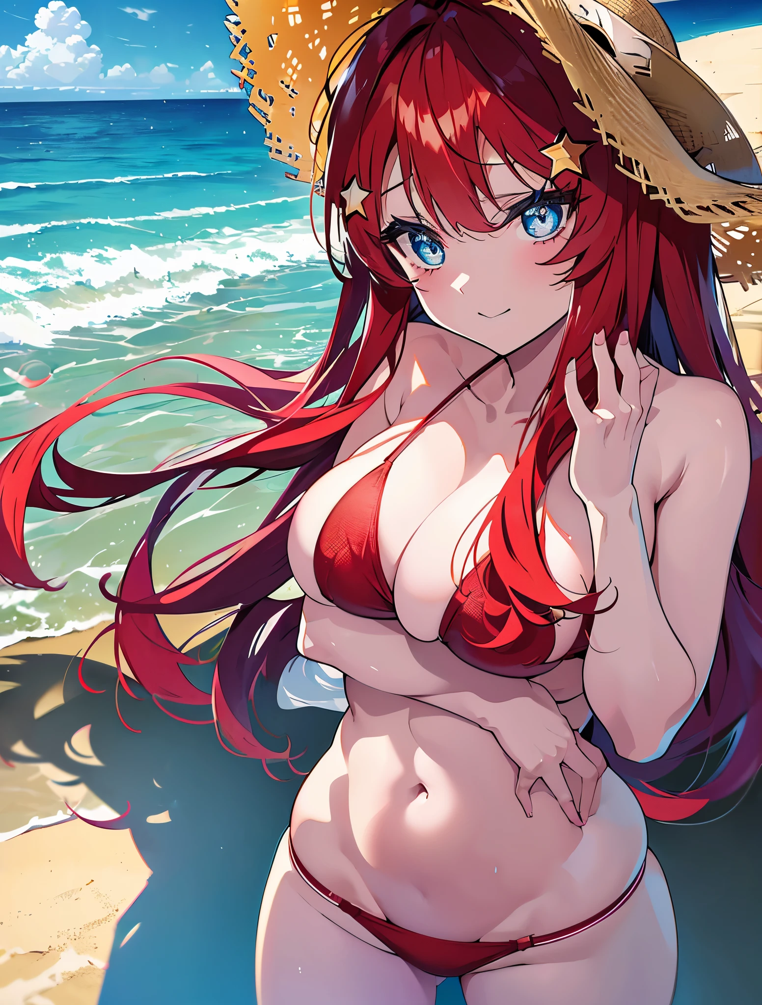itsukinakano, itsuki nakano, bangs, blue eyes, hair between eyes, Ahoge, redhead, star \(symbol\), hair ornaments, star hair ornamentsにっこり, smile, open your mouth,big straw hat,red bikini,naked belly, (beach salon), big breasts,((salon)), beach outfit,real summer,Palm tree,
break outdoors, beach,
break looking at viewer, (cowboy shot:1.5),
break (masterpiece:1.2), highest quality, High resolution, unity 8k wallpaper, (shape:0.8), (fine and beautiful eyes:1.6), highly detailed face, perfect lighting, Very detailed CG, (perfect hands, perfect anatomy),