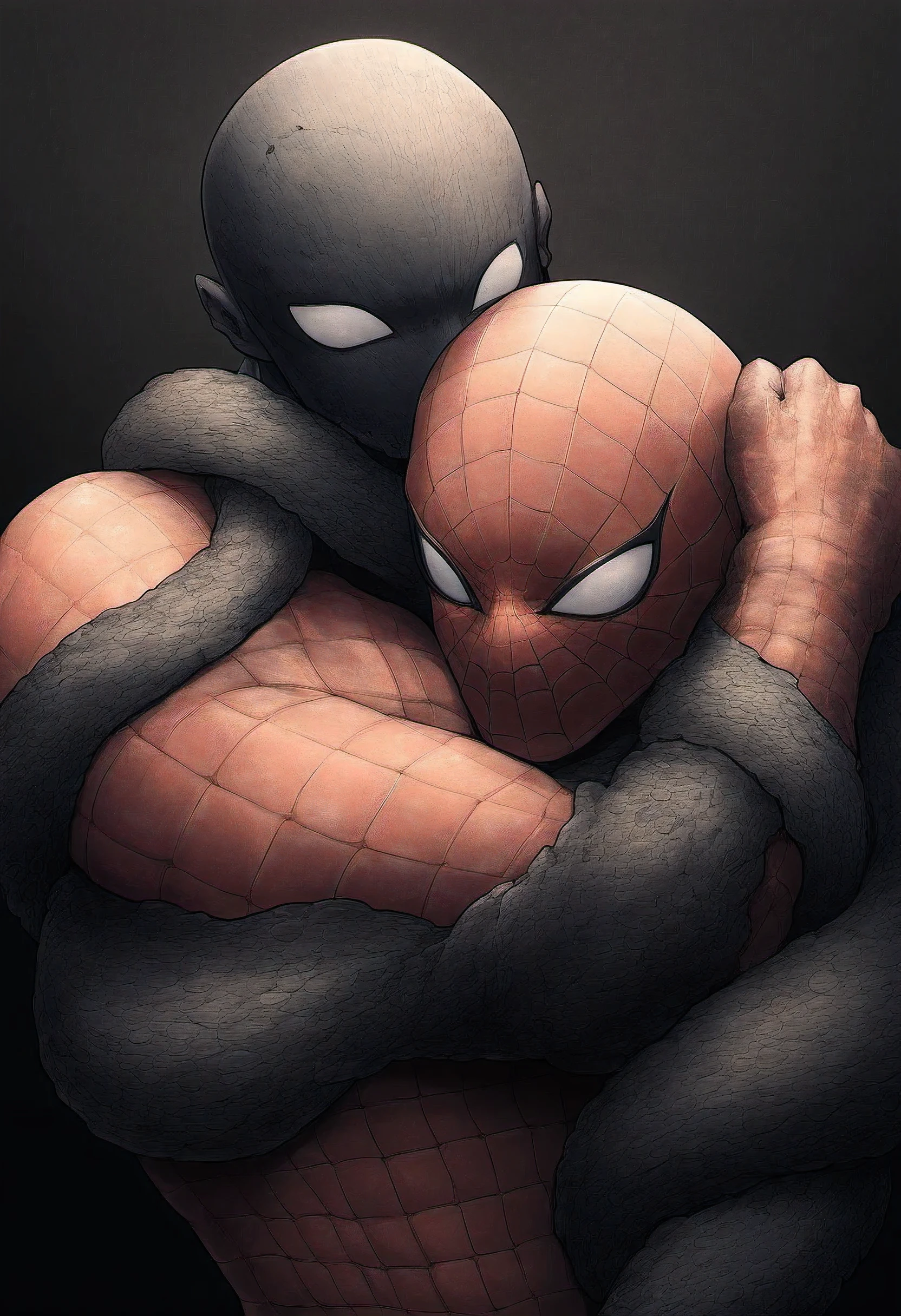 anime characters：priapus, He was kissed by black venom, He is wrapped in black tentacles, bundle, Wrapped in mucus, Affectionate embraces, Crazy kissing, Touching wantonly, Muscular Spider-Man, male focus, Upper body, Buzz Cut, aged leather texture, He wears a White tights, small grid texture, spiderman mask, Spider-Man logo, muscular male, Extra large breasts, only, alone, Black background, simple background, amazing quality, best aesthetics, Ridiculous, crew cut, drop shadow, best quality