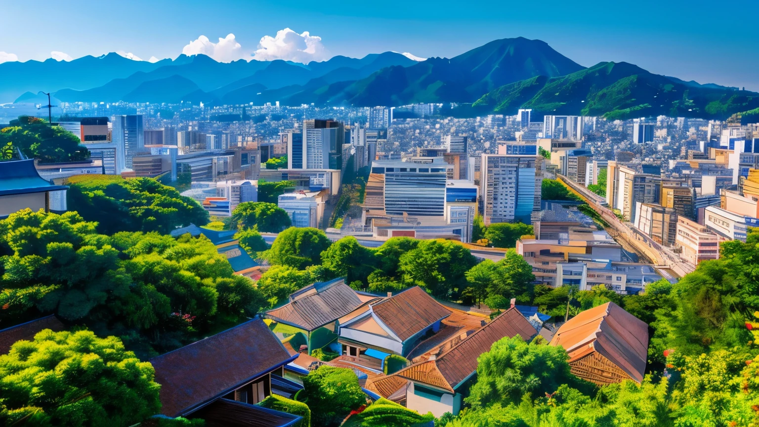 Ghibli style , landscape , panorama view , beautiful japanese city , future buildings