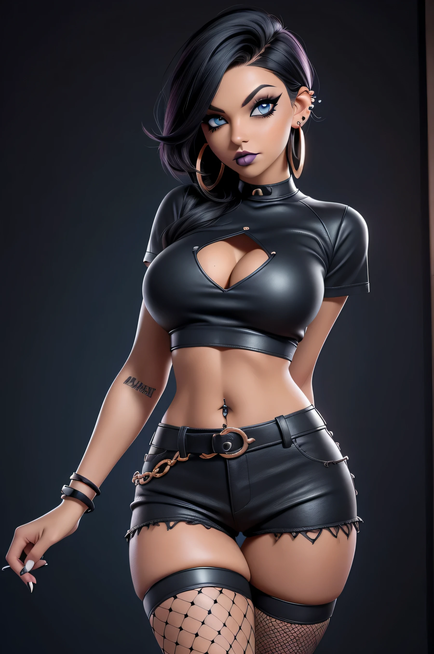 Goth woman, (goth makeup), (brown skin), (a t-shirt and skinny mini shorts), (show under boobs), (fishnet stockings), (navel jewellery), (pierced ears), (pierced lips), blue eyes, short messy black emo hair, (living room background), thick thighs, medium breasts, (8K), (wallpaper), (dynamic lighting), (detailed face and eyes:1.2)