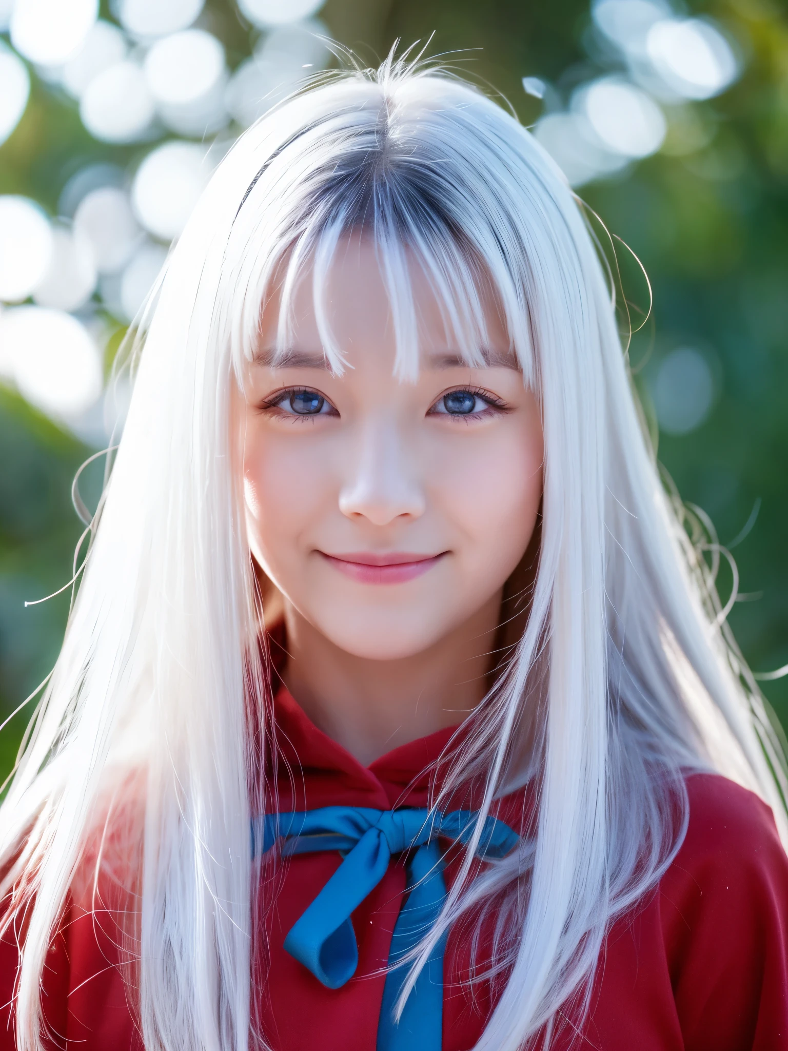 white body , white hairs, red eyes, happy girl, blue drest,