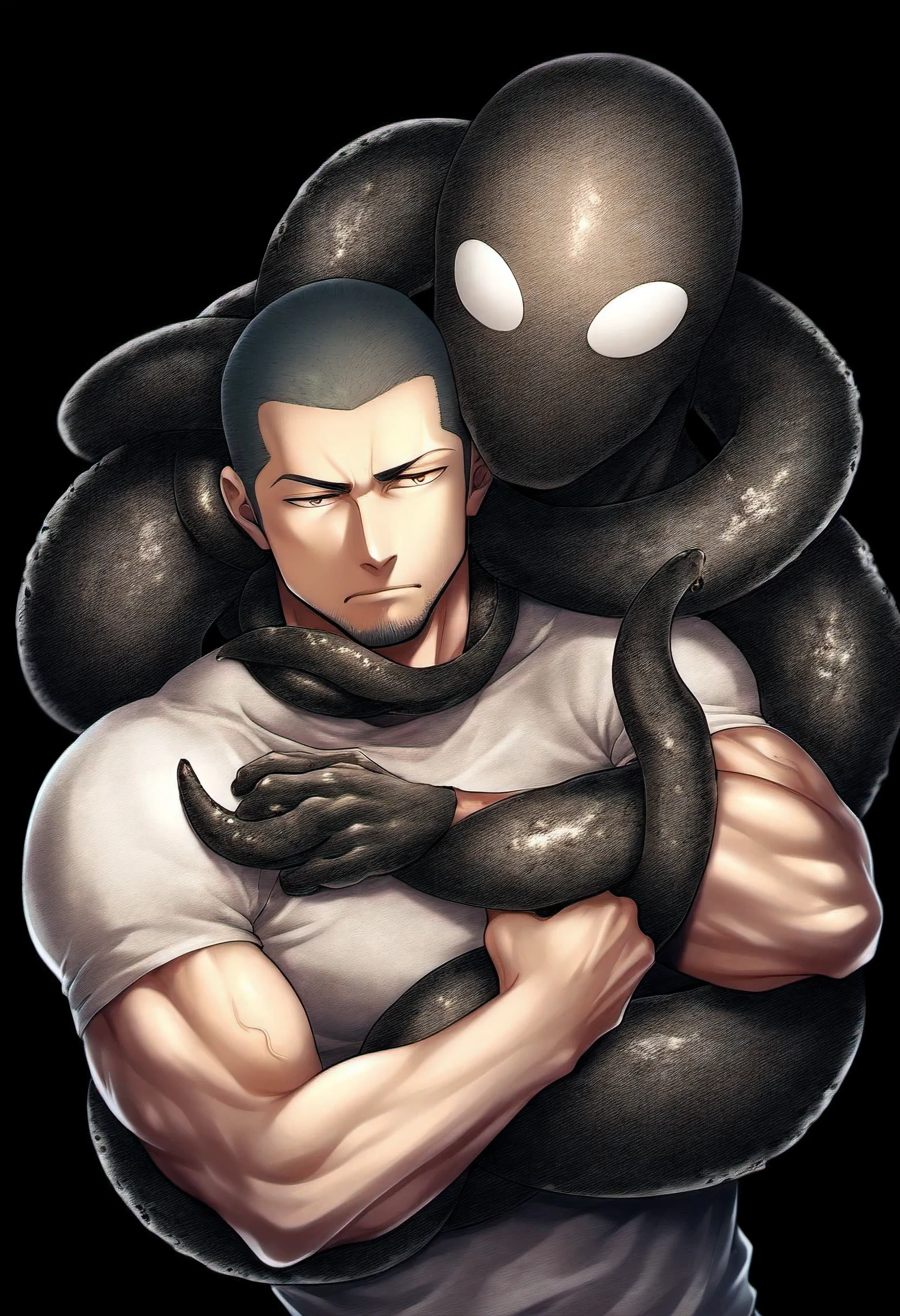 anime characters：priapus, He was kissed by black venom, He is wrapped in black tentacles, bundle, Wrapped in mucus, Affectionate embraces, Crazy kissing, Touching wantonly, Muscular Spider-Man, male focus, Upper body, Buzz Cut, aged leather texture, He wears a White tights, small grid texture, spiderman mask, Spider-Man logo, muscular male, Extra large breasts, only, alone, Black background, simple background, amazing quality, best aesthetics, Ridiculous, crew cut, drop shadow, best quality