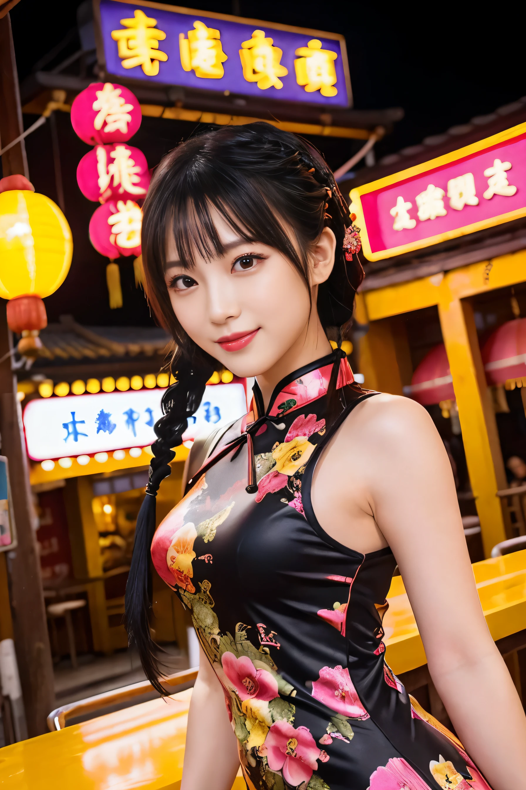 Beautiful Kung Fu Idol、lip gloss、gentle smile、whole body、dramatic pose、good style、、、、、Big Scorpion Print Tight Mini Cheongsam Dress、Braid、neon amber hair (neon amber)、cinematic light、big chinese restaurant background、