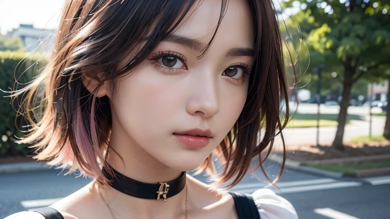 (bob cut hair, pink hair, hair flowing in the wind:1.2),(wearing a choker, wearing a blouse:1.2),1 girl,Japanese,21 years old,(small breasts:1.3),(highest quality,masterpiece:1.3,超A high resolution,),(Super detailed,caustics),(Photoreal:1.4,RAW shooting,)ultra-realistic capture,very detailed,High resolution 16K human skin close-up。 natural skin texture、,The pores are、、、、Must be detailed enough to be easily identified。 Skin should look even-toned and healthy。 Use natural light and color, sad expression, look at the camera, perfect dynamic composition, outdoor