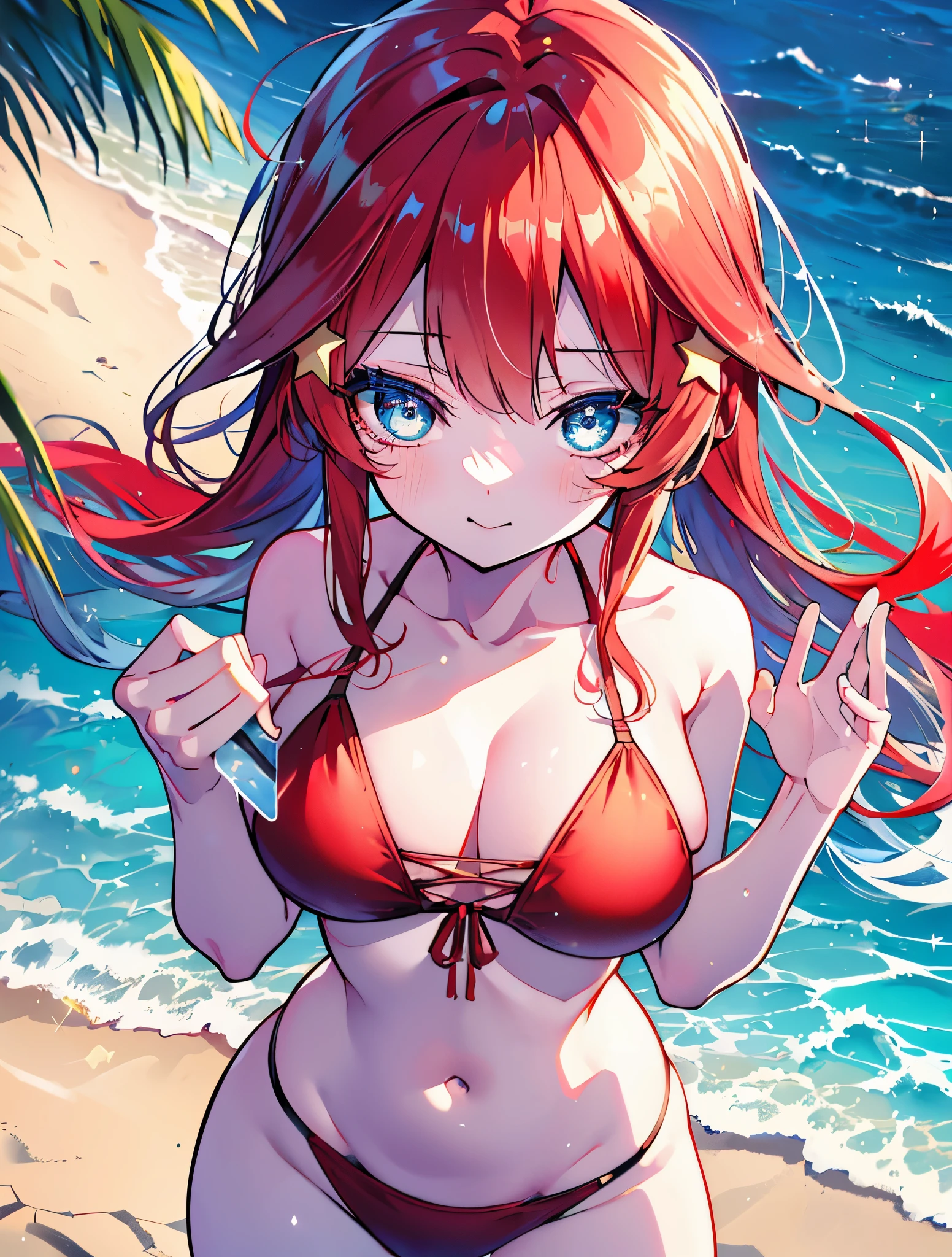 itsukinakano, itsuki nakano, bangs, blue eyes, hair between eyes, Ahoge, redhead, star \(symbol\), hair ornaments, star hair ornamentsにっこり, smile, open your mouth,big straw hat,red bikini,naked belly, (beach salon),  big breasts,((salon)), beach outfit,real summer,Palm tree,
break outdoors, beach,
break looking at viewer, (cowboy shot:1.5),
break (masterpiece:1.2), highest quality, High resolution, unity 8k wallpaper, (shape:0.8), (fine and beautiful eyes:1.6), highly detailed face, perfect lighting, Very detailed CG, (perfect hands, perfect anatomy),