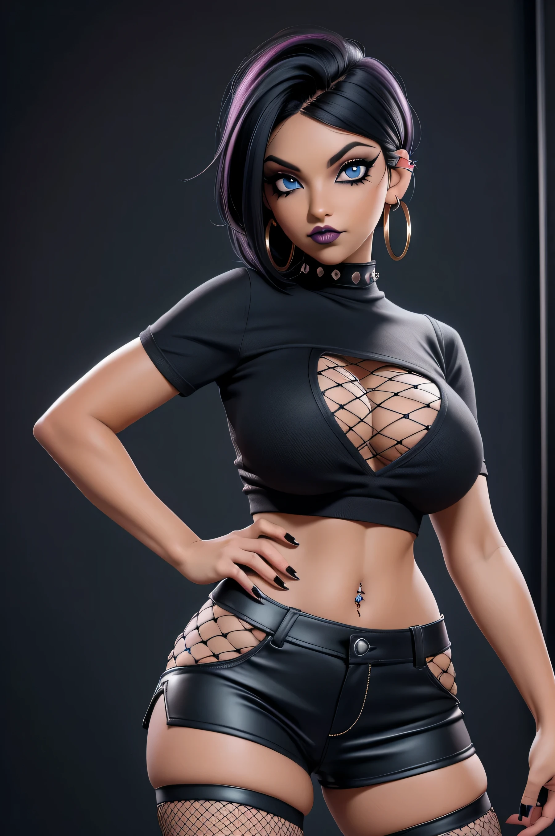 Goth woman, (goth makeup), (brown skin), (a t-shirt and skinny mini shorts), (show under boobs), (fishnet stockings), (navel jewellery), (pierced ears), (pierced lips), blue eyes, short messy black emo hair, (living room background), thick thighs, medium breasts, (8K), (wallpaper), (dynamic lighting), (detailed face and eyes:1.2)