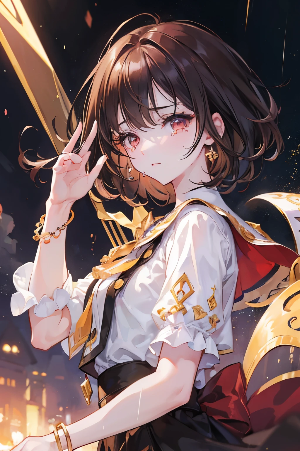 (((masterpeace))), ((8k)), (simple hands:0.5)+(detailed hands:0.7), (masterwork), (best quality), brown hair, brown eyes,1girl, pale skin, brown hair, red eyes, two tone hair, eyelashes, bracelet, crying, gleaming skin, harf wet hair, detailed and majestic stage, raining French town, short Hair, 1 girl, two-tone hair, night sky, Incredibly detailed CG illustration masterpiece, town since 1960, Caucasian girl with dark brown curly hair, Betrayed, shed tears