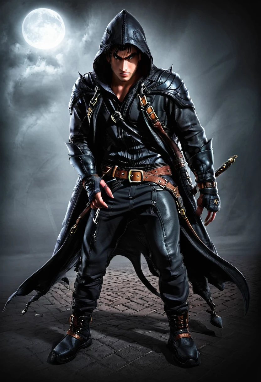 1 male, Adult, Handsome,High muscular face,Black cloak, darkness ,full body ,Wearing a hood, Leather Vest, Leather bag at waist,2 daggers on the belt,