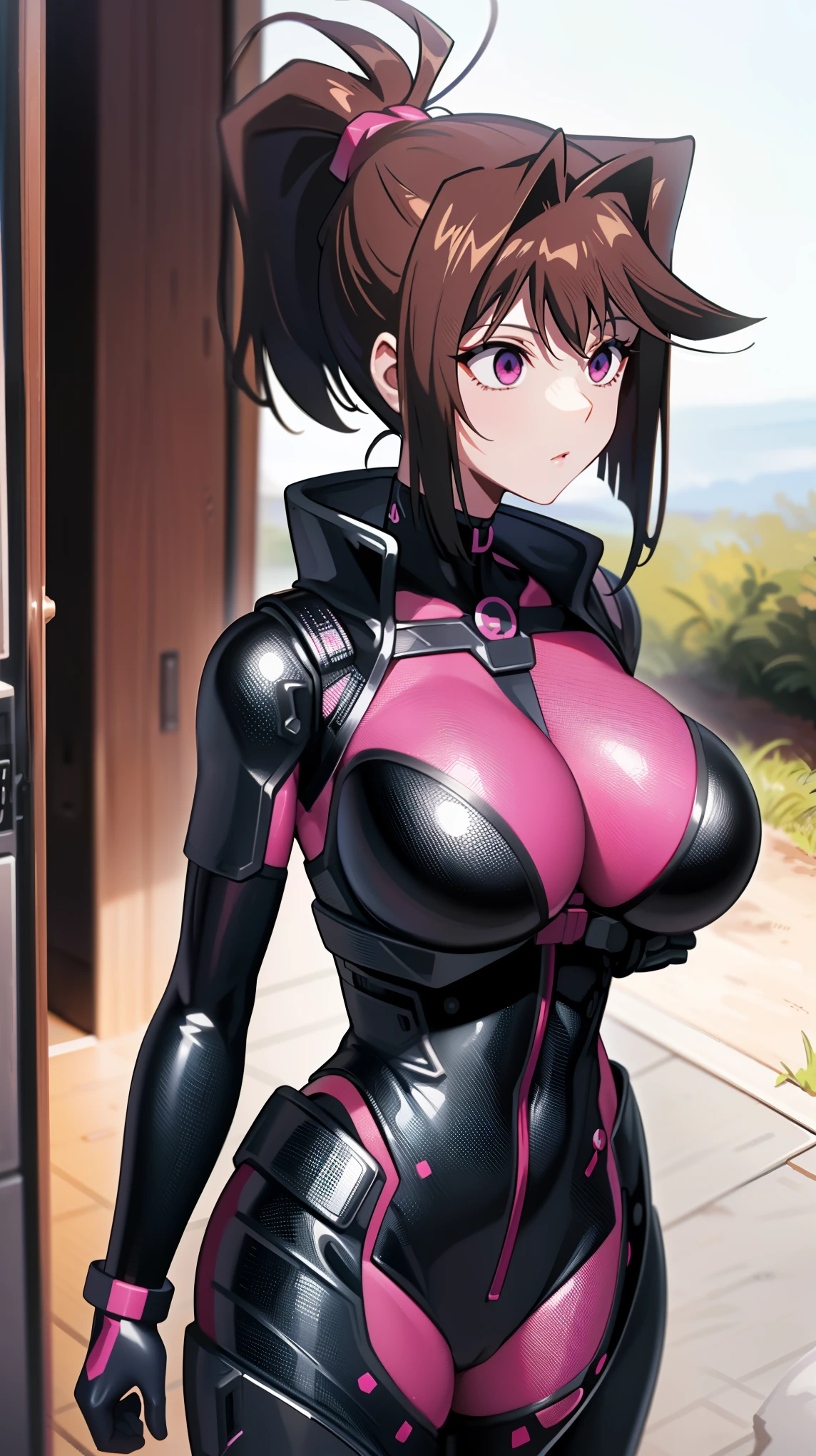 1 girl,NSFW,  Kyoko Masaki,(Yu-Gi-Oh),AnzuDef,short hair, brown hair, hair ornament, high ponytail, ponytail,huge breasts, clavicle, Glowing purple eyes,absurd, brainwashing,empty eyes, ((No expression,erasure of emotions)), (black latex tight bodysuit),look away , full body figure,((stand up, salute)), (highest quality、4k、8K、High resolution、must have:1.2)、Super detailed、(reality、reality的なです、reality的な:1.37)、ticker、hyper hd、studio lighting、ultra definition paint、sharp focus、Physically based rendering、extreme details、Professional specifications、vibrancy and color、blurry、sports portrait、landscape、horror style、anime big breast、SF、photograph、concept artist、five fingers, perfect body,  {{{masterpiece}}}, {{{highest quality}}}, {{Super detailed}}, {shape}, {{very delicate and beautiful}},Improved cost performance、all roles、Canon 5D MK4でphotograph、photograph, 