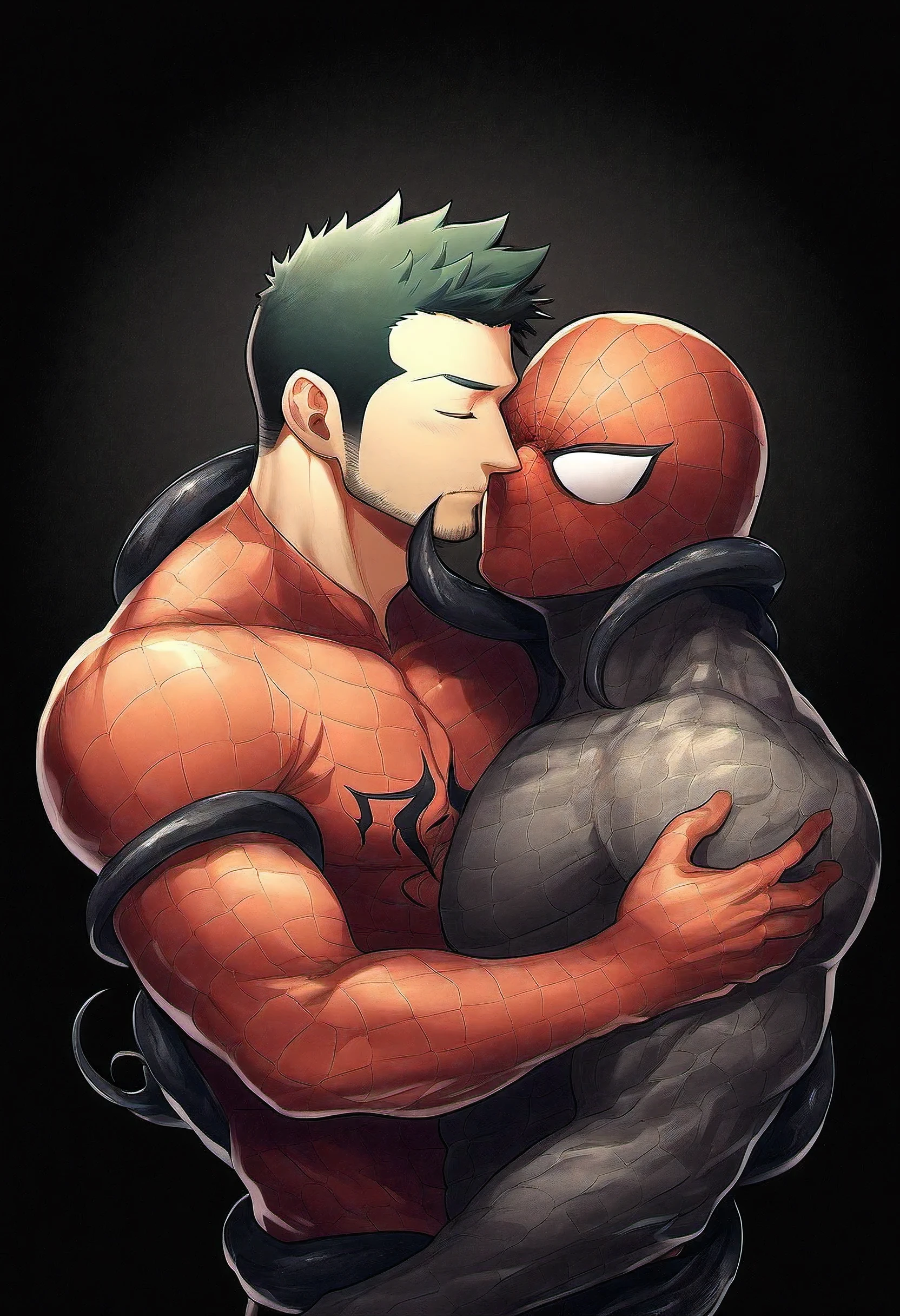 anime characters：priapus, He was kissed by black venom, He is wrapped in black tentacles, bundle, Wrapped in mucus, Affectionate embraces, Crazy kissing, Touching wantonly, Muscular Spider-Man, male focus, Upper body, Buzz Cut, aged leather texture, He wears a White tights, small grid texture, spiderman mask, Spider-Man logo, muscular male, Extra large breasts, only, alone, Black background, simple background, amazing quality, best aesthetics, Ridiculous, crew cut, drop shadow, best quality