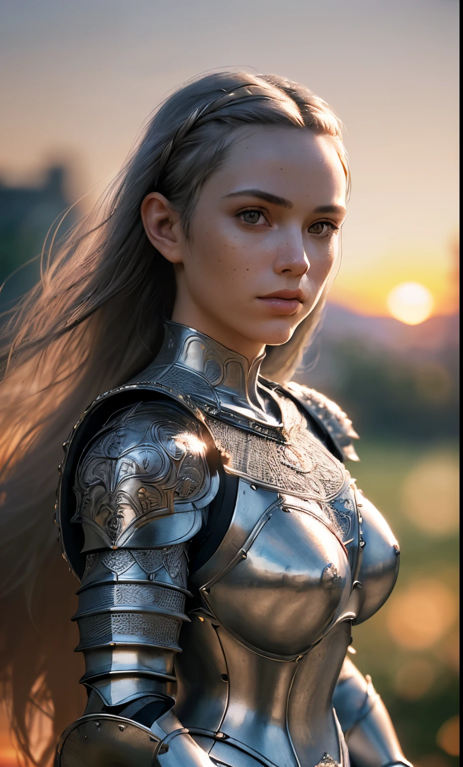 (masterpiece), (extremely intricate:1.3), (realistic), portrait of a girl, the most beautiful in the world, (medieval armor), metal reflections, upper body, outdoors, intense sunlight, far away castle, professional photograph of a stunning woman detailed, sharp focus, dramatic, award winning, cinematic lighting, octane render  unreal engine,  volumetrics dtx, (film grain, blurry background, blurry foreground, bokeh, depth of field, sunset, motion blur:1.3), chainmail