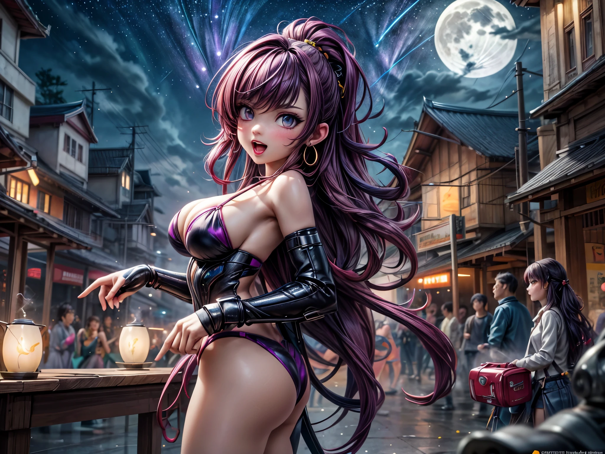 Anime - Illustration of beautiful female twins, Dark red and purple hair wearing a micro bikini, very big breasts, bare chest, Sexy, Screaming at a beautiful, seductive girl, Arrogant demeanor, Magnificent and majestic, Steam Punk City on Background, Detailed digital anime art, Gouache style art, artgerm artgerm and wlop, Argerm style, High quality 8k detailed artwork. , There is a Cyber Punk skyscraper in the background., Aurora, Crescent moon, Many shooting stars in the sky, Loy Krathong Festival,Chiang Mai , Lanna style, night time, full moon, Many floating lanterns in the sky, Thai architecture 2D , faded picture ,vintage color, lined, Very high quality work , Very high detail , There are many types combined.... , Animation, 4k, attitude, vintage style , Thailand
