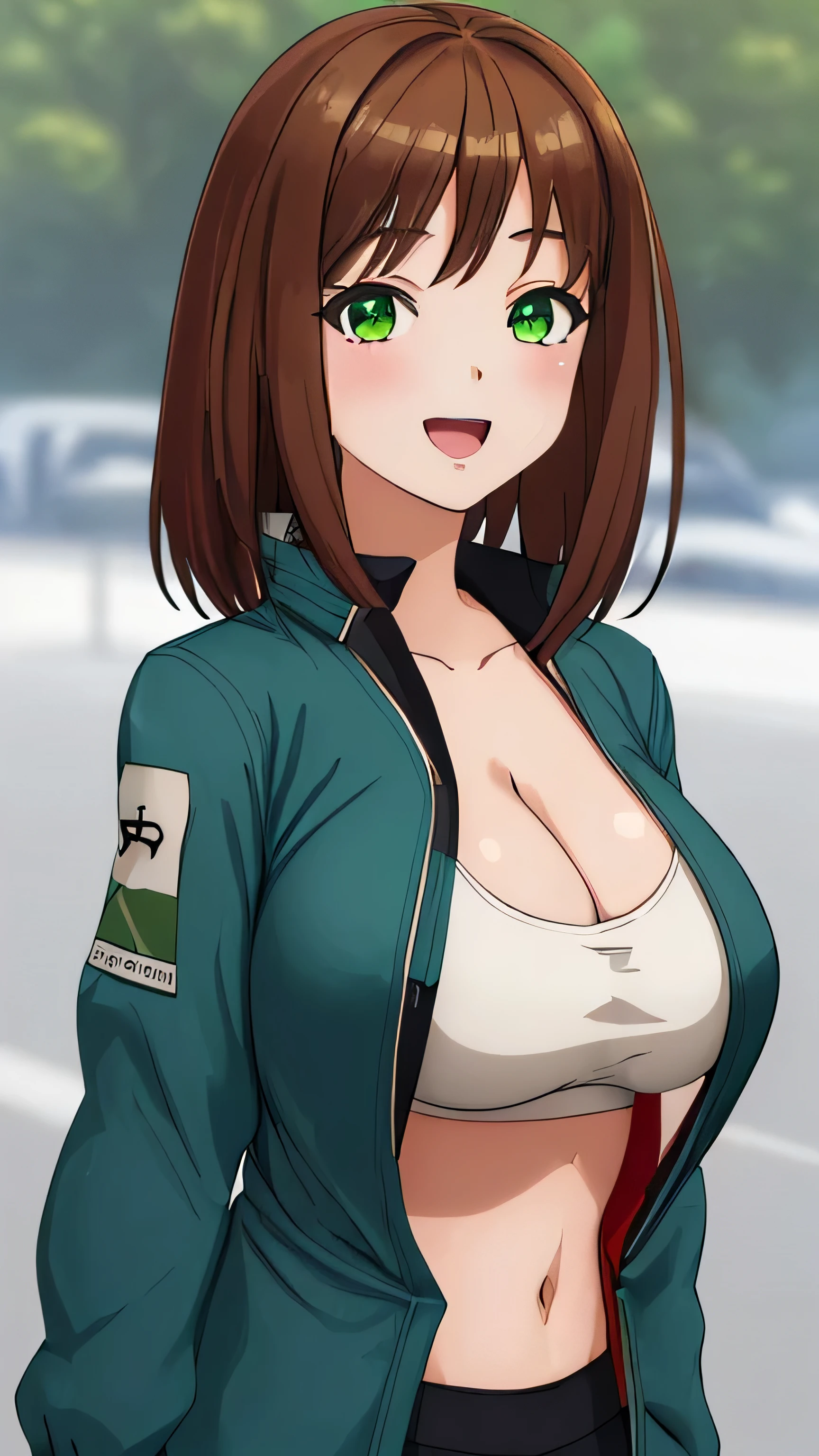 (((masterpiece))),fuyumi itadori, Anime girl characters, 1girl, solo, looking at viewer, medium hair, brown hair,green eyes, long sleeves, cleavage, bigger breasts, open mouth, collarbone, jacket, open clothes, open jacket, blue jacket, ground vehicle, sports bra, tall girl, horny, big ass, beautiful face,Charming, Tight-fitting clothing, hd picture, 4k quality, details of the face is so good,uhd picture, smile face, Flirting,All bodies visible, Standing pose,stand, details of face,