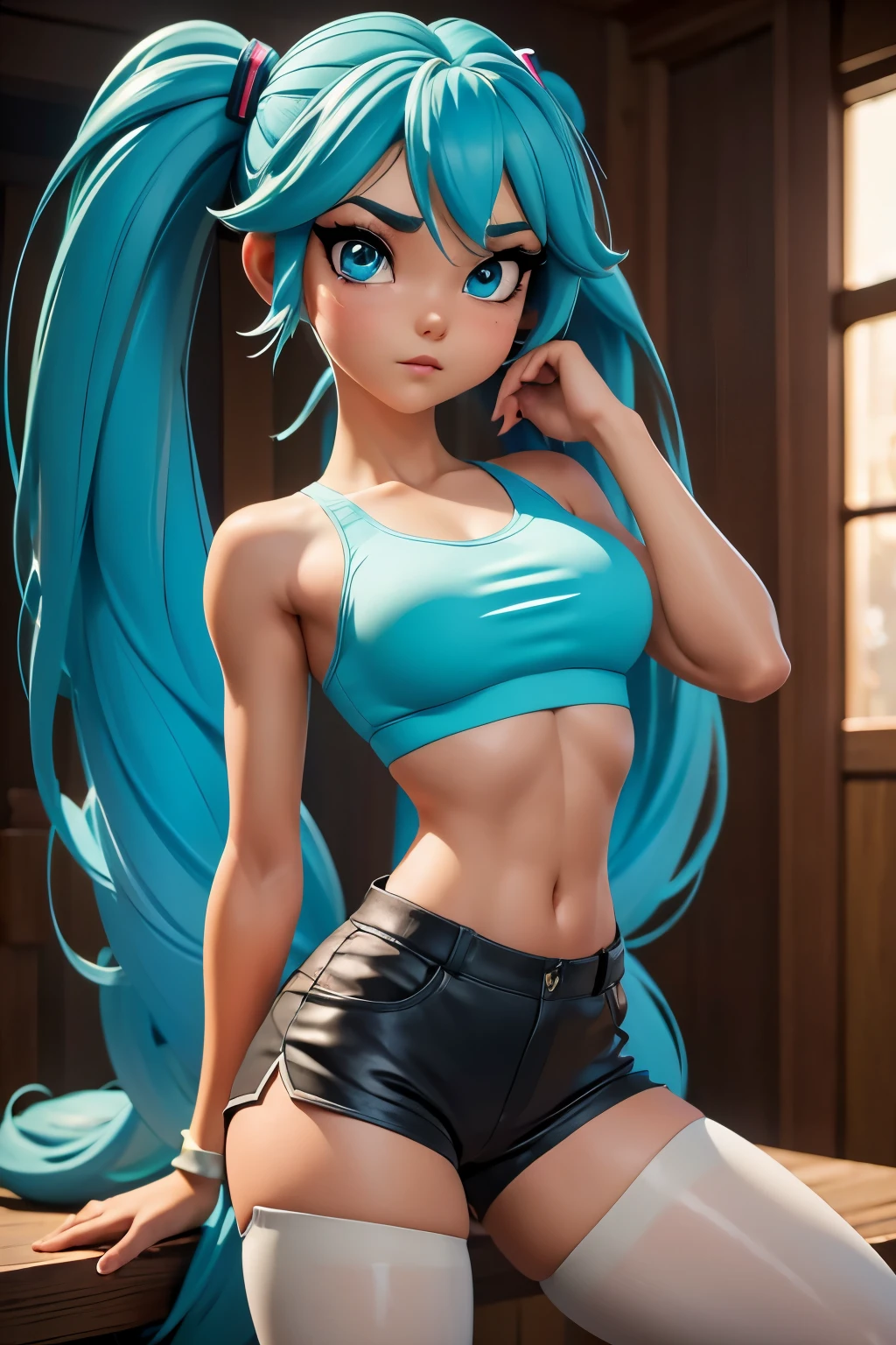 (masterpiece), (best quality), highly detailed, HDR, 1girl, solo focus, skindentation,sports bra,shorts,pantyhose, perfect face, puffy face, beautiful face, big eyes, puffy eyes, perfect eyes, eyelash,Hatsune Miku,extremely detailed face,