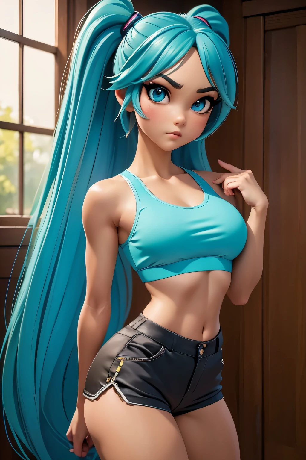 (masterpiece), (best quality), highly detailed, HDR, 1girl, solo focus, skindentation,sports bra，shorts，pantyhose， perfect face, puffy face, beautiful face, big eyes, puffy eyes, perfect eyes, eyelash，Hatsune Miku，extremely detailed face，