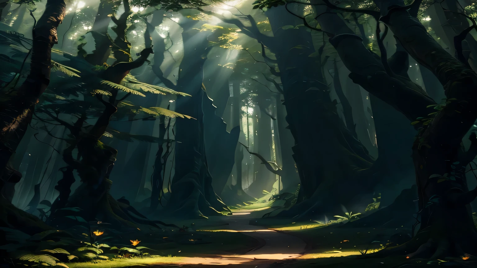(papel de parede extremamente detalhado da unidade CG 8k, obra de arte, melhor qualidade, super detalhado), (better lighting, Melhores sombras, extremamente delicado e lindo), lush vegetation, magic mist, sol quente, plantas selvagens, misteriosa e encantadora floresta dark