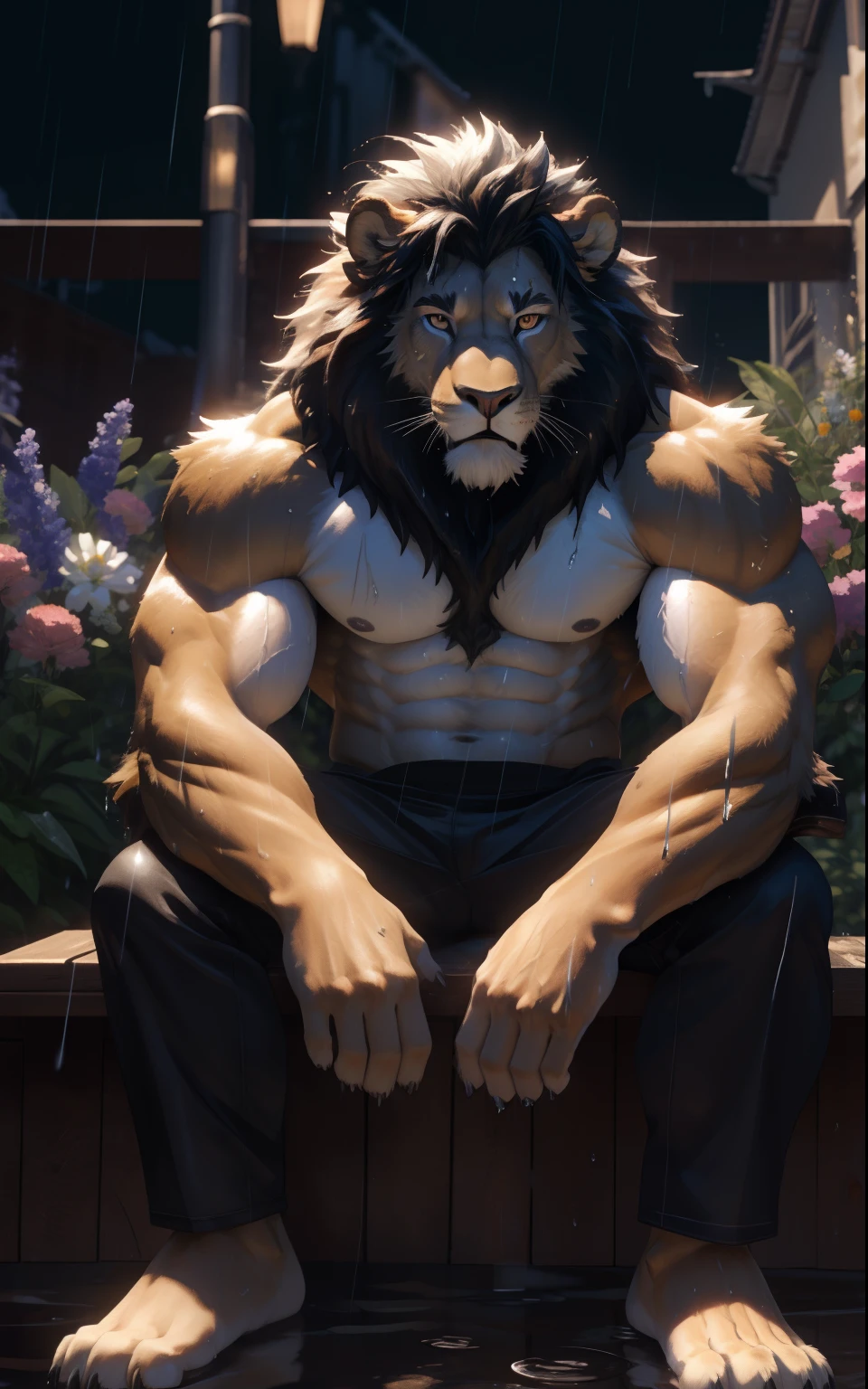 A Lion sitting on a bench in the rain with his hands on his knees, SFW, Sexybody, anthropomorphic, extra detailed body, detailed body, Best quality, masterpiece, ultra high res,detailed background,realistic, real shadow and light,depth of field, (View from beside ), details skin, fluffy, confident face, bad boy, sweaty, wet body, raining, spring, flowers, wolf, fluffy chest, Sixpack, muscular, topless, huge scar on his body, big crotch, Lion.