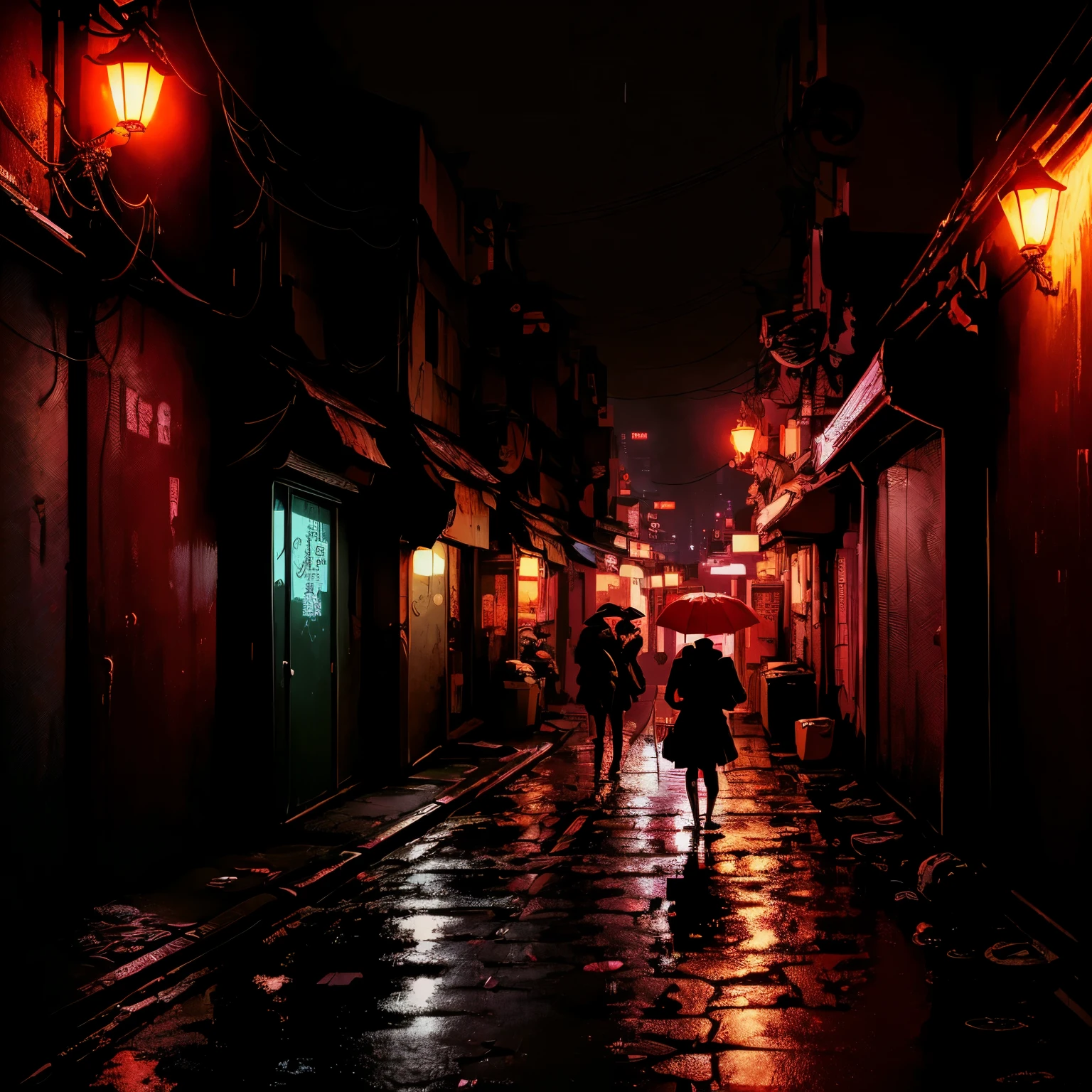 There is a woman walking down a dark alley with an umbrella., Heavy rain falls at night in Tokyo, cyberpunk alley, Japanese cyberpunk cityscape, artwork of a hong kong street, Beaten city. neo noir style, tokyo anime scene, 夜の静かなAlleys in Tokyo, Alleys in Tokyo, Inspired by Liam Wong, Cyberpunk setting with neon rain, red color smear of rain, Rainy night