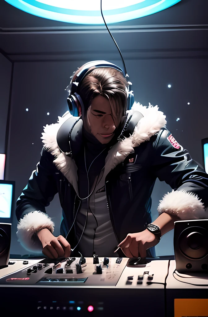 Animal Monkey making and listening to music with headphones using a DJ set, image version futuriste dans l'espace. Il est riant et danse sur la musique en flottant avec son set de DJ