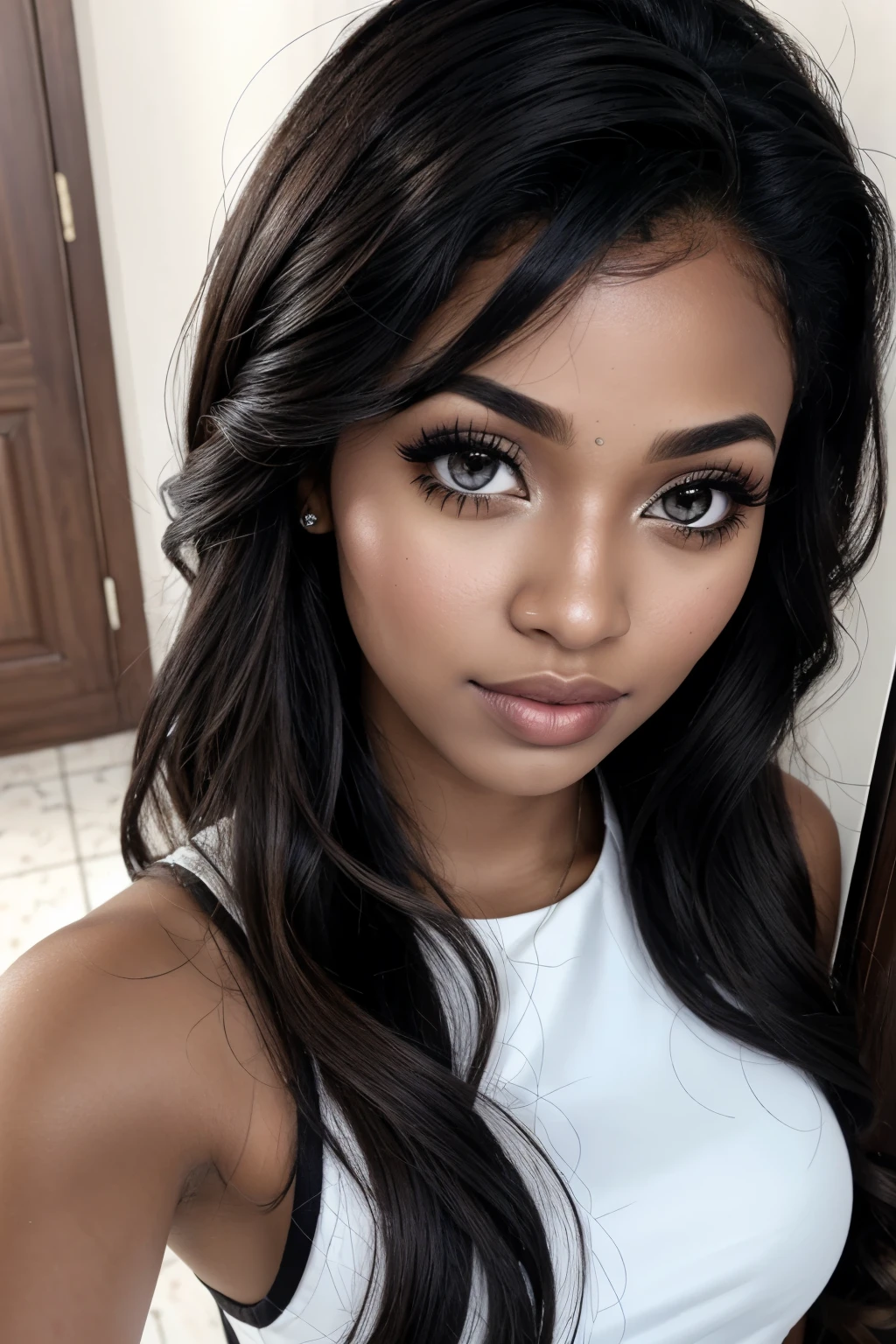 sexy Dominican, brown skin, 1girl, solo, long detailed eyelashes, full lips, Perfect Eyes, asymmetrical_hair, looking at viewer