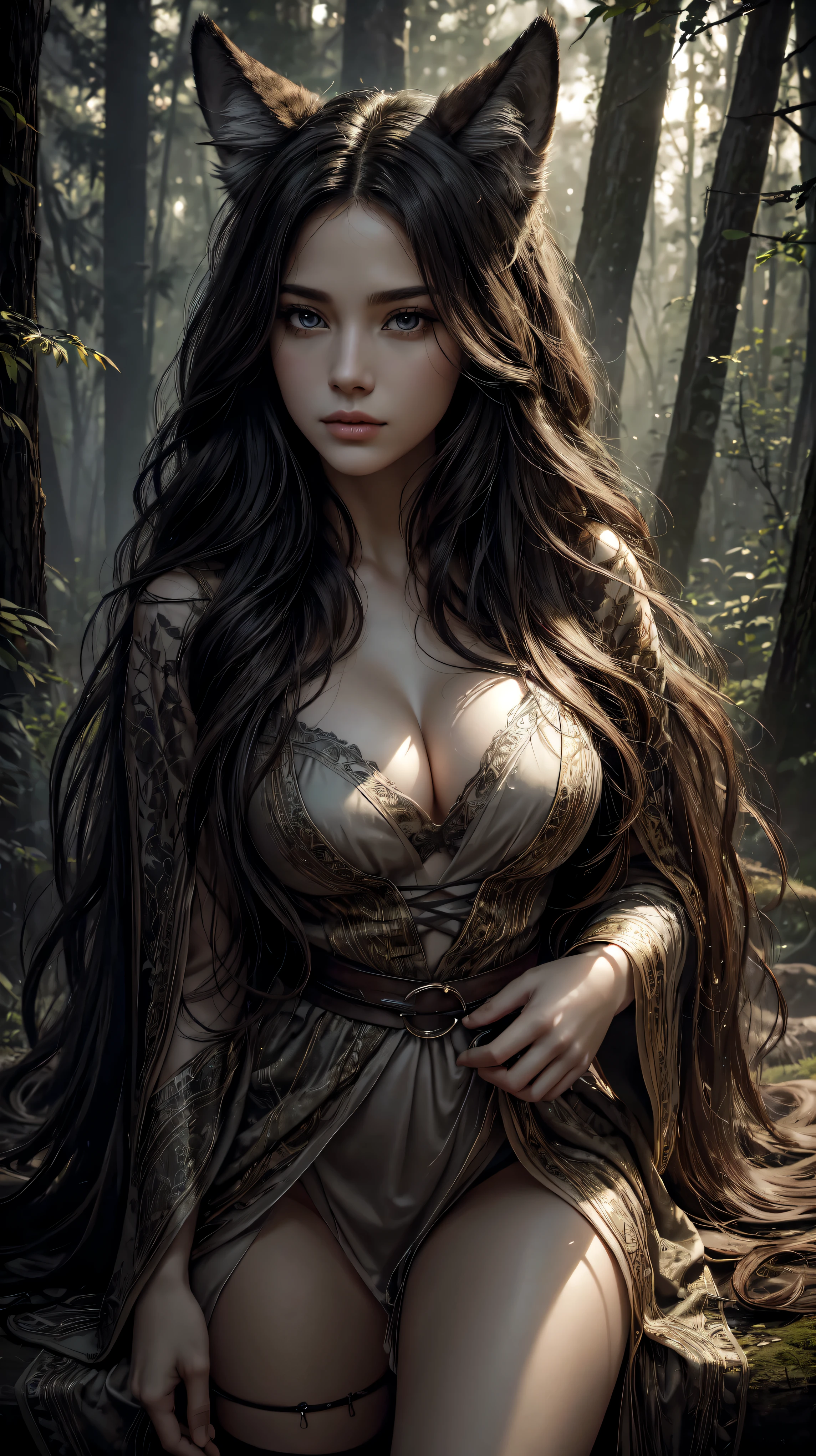 (best quality,4k,8k,highres,masterpiece:1.2),ultra-detailed,(realistic,photorealistic,photo-realistic:1.37),woman touching wolf,beautiful detailed eyes,beautiful detailed lips,extremely detailed face,wolf with intense gaze,forest scene,long wavy hair flowing in the wind,wild and untamed atmosphere,sunlight filtering through the trees,enchanting background,mysterious and captivating setting,natural lighting,ethereal beauty,dark and dramatic color palette,emotional connection between the woman and the wolf,strong bond between human and nature,unforgettable moment captured by the artist,storytelling and emotion,evoking a sense of wonder and awe,surreal and dreamlike,impeccable rendering and attention to detail,perfect harmony of nature and human spirit,showcasing the strength and vulnerability in both characters,contrast between soft feminine features and the wolf's untamed nature,celebration of the wild and free spirit,creating a masterpiece that speaks directly to the soul., full body, detailed face, detailed eyes, detailet hands