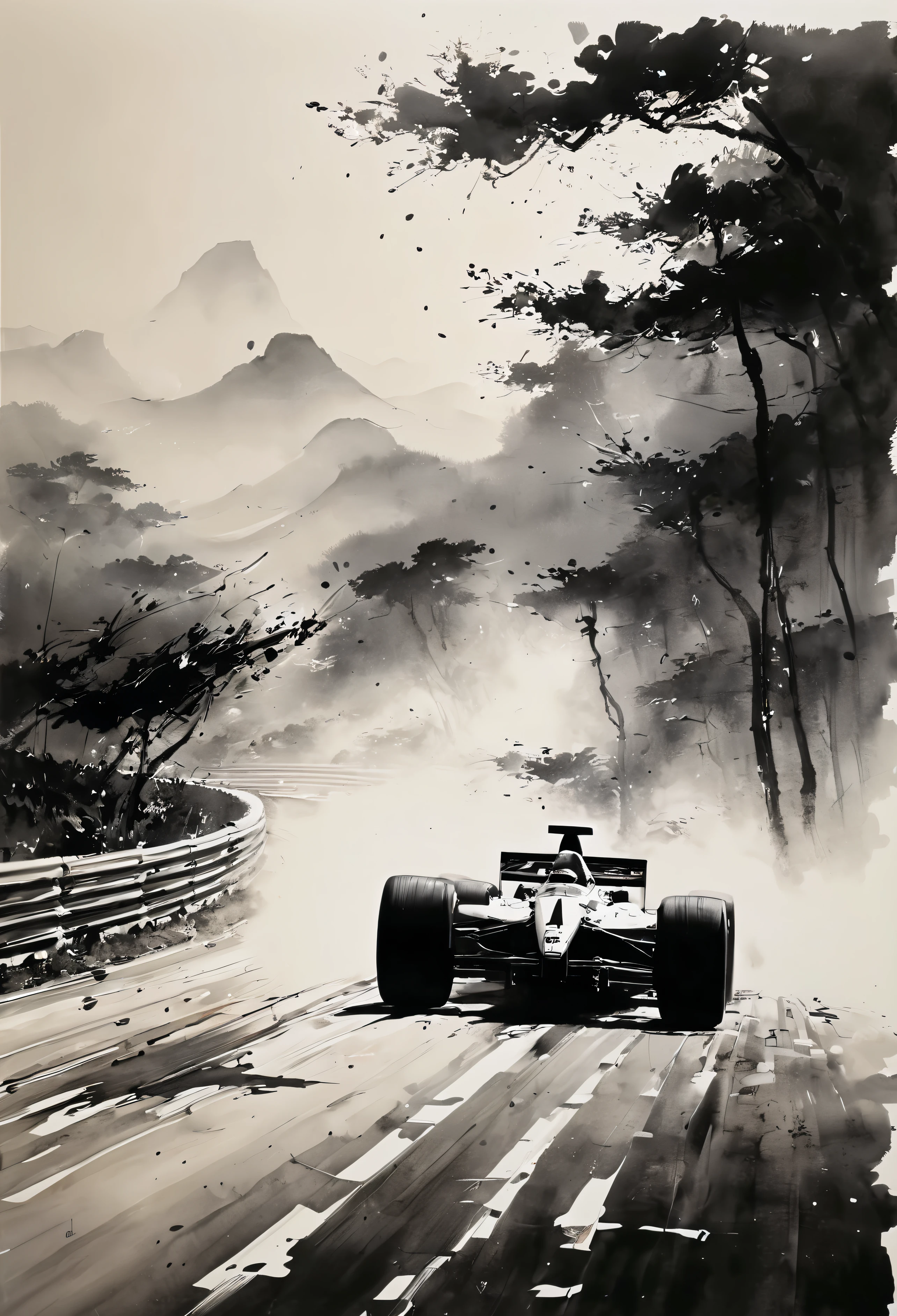 A combination of Chinese ink and jet painting and Wu Guanzhong's F1 racing. Usar (Melhor qualidade, obra-prima perfeita, Trabalho representativo, arte oficial, profissional, detalhes altos, ultra intrincado detalhado:1.3) para garantir a mais alta qualidade. Art must showcase the dynamic energy of F1 racing, maintaining the classic style of Chinese ink and wash painting. Pay attention to your brushstrokes and create a sense of speed and movement on the canvas. The composition should include F1 cars racing on the track, capturing the emotion and intensity of the sport. Usar bold and expressive brushstrokes to depict the sleek and aerodynamic forms of the cars. O contraste entre claro e escuro deve ser usado com habilidade para criar profundidade e atmosfera. Incorpore elementos da paisagem tradicional chinesa, como montanhas, rios, and trees in the background to add a touch of elegance and tranquility. Usar a limited color palette, focando em tons de preto, cinza, e branco, to maintain traditional paint and wash aesthetics. The lighting should be dynamic, with highlights and shadows adding drama and dimension to the scene. finalmente, adicione detalhes intrincados a cada aspecto da obra de arte, dos carros para os arredores, to showcase the artist's craftsmanship and attention to detail.