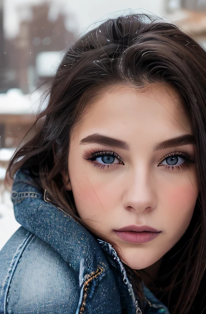 (realistic face, fille, cheveux bruns, 21 ans, de Lituanie, high quality, 4k), visage parfait, beau, La photographie, Veste noire, jeans, hiver, hiver city, Neige
