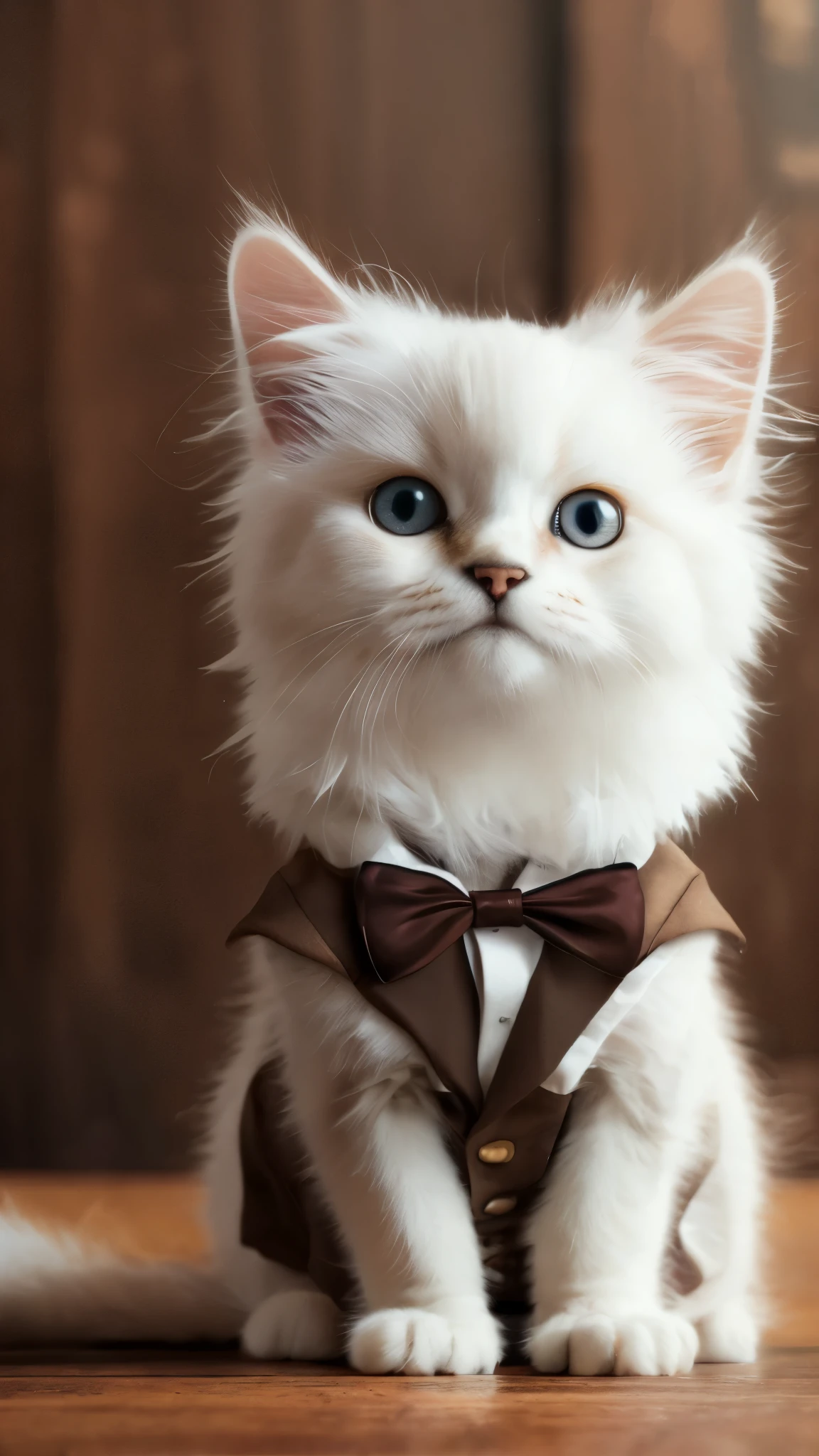 Fluffy cute white kitten dressed in a brown vest, bow-tie. accessorized like a science cat on a wooden desk. 8K masterpiece RAW