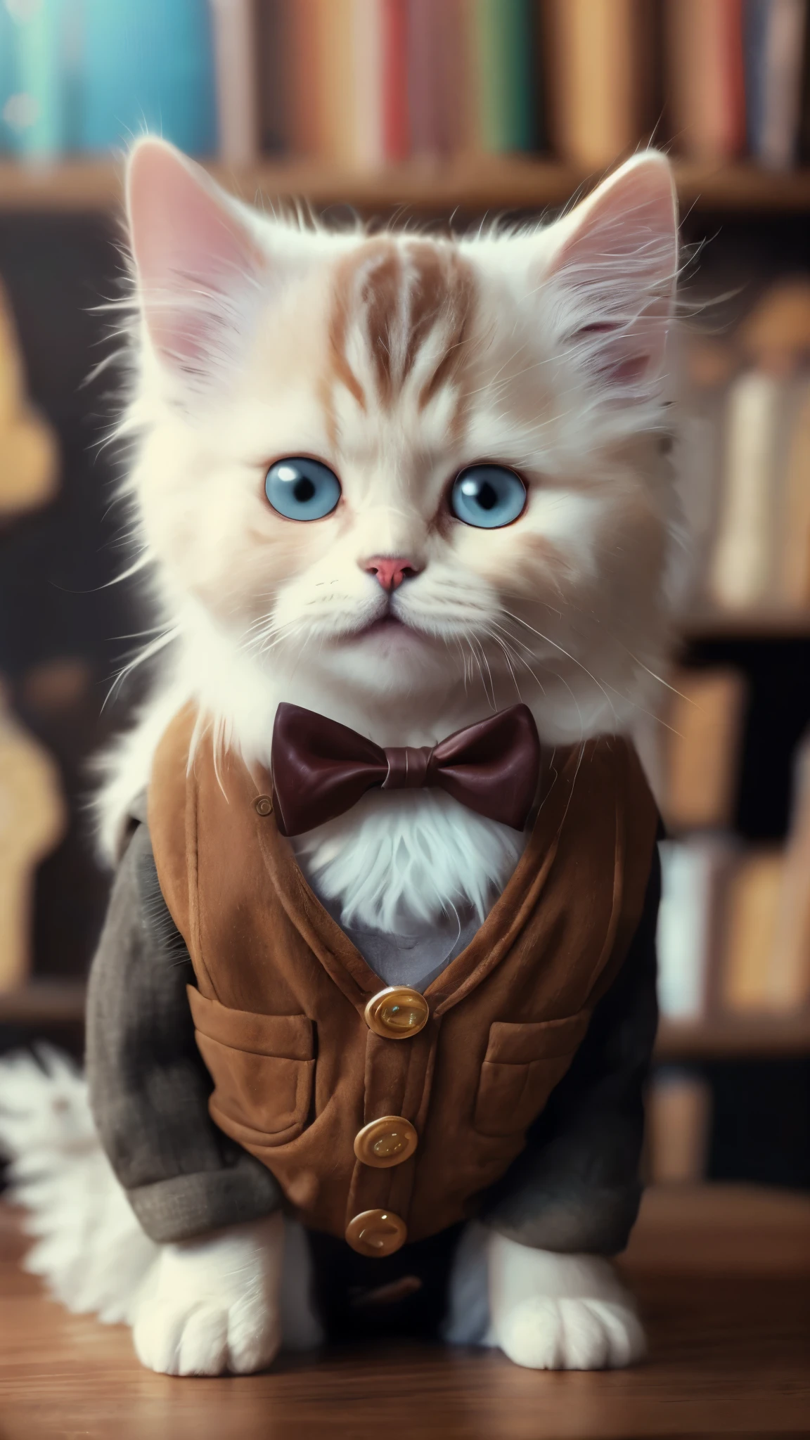Fluffy cute white kitten dressed in a brown vest, bow-tie. accessorized like a science cat on a wooden desk. 8K masterpiece RAW