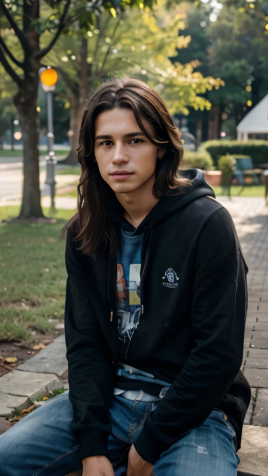 (8k, RAW photo, best quality, masterpiece:1.2), (realistic, photo-realistic:1.37), ultra-detailed, masterpiece HDR high quality Picture a young boy, , handsome man, long black messy hair, sharp eyes, blue hoodie,sitting at a park, expressing a sense of perplexity and curiosity, with a touch of humor, creating a warm and relaxed atmosphere, captured in high resolution (best quality, 4k), with ultra-detailed features, realistic colors, and a touch of bokeh, reminiscent of a candid snapshot